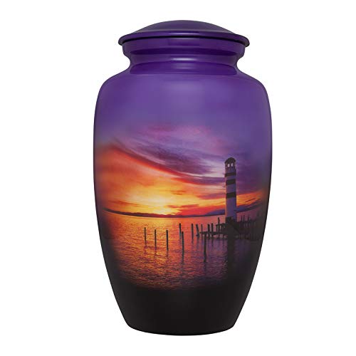 Handmade Aluminum Lighthouse Cremation Urn for Human Ashes - Sunset Design Funeral Urn for Adults up to 200 lbs - Cemetery Burial or Niche Urn - Perfect for Memorial Services, Home Display & Scattering Ceremonies