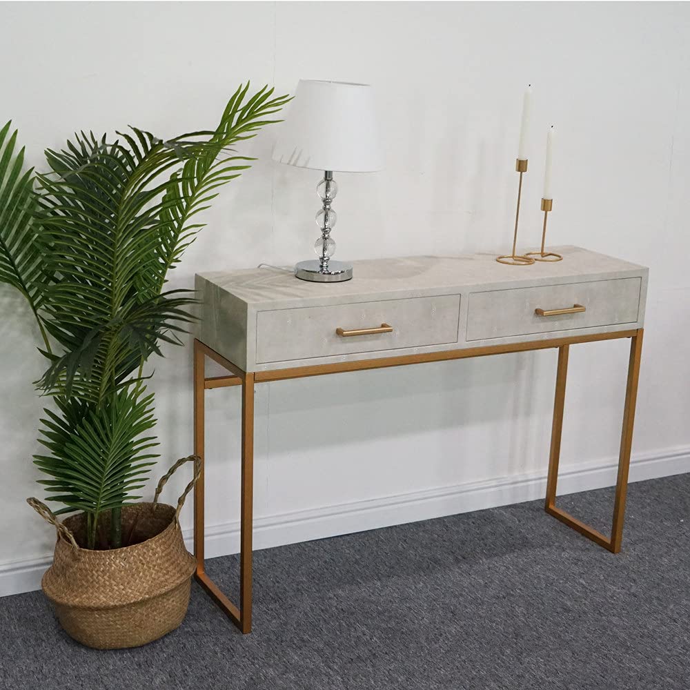 Modern Console Table with 2 Drawers & Gold Frame - Crocodile Leather Sofa Table for Entryway, Living Room & Bedroom
