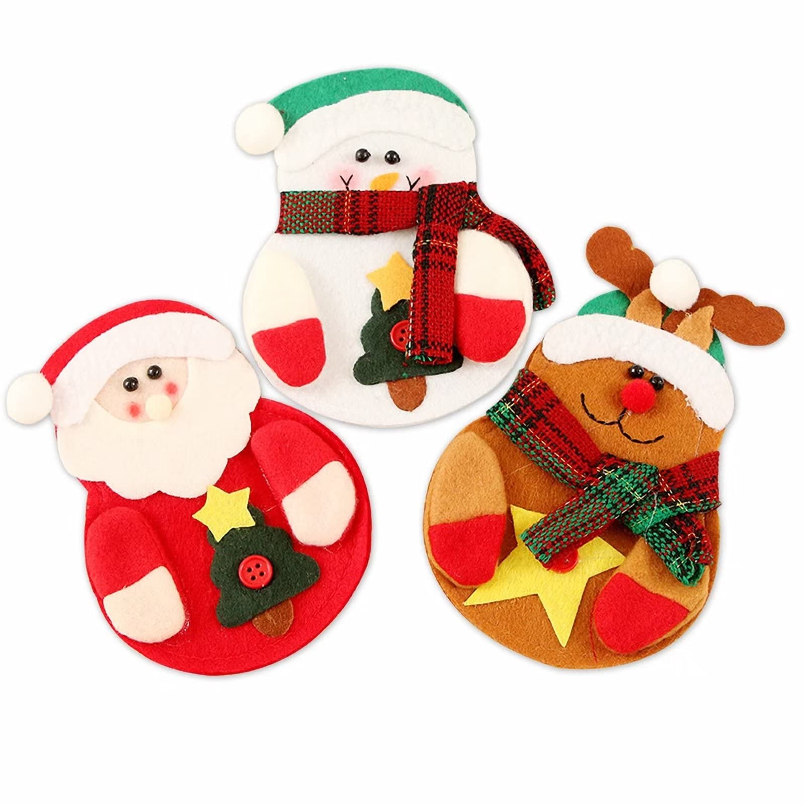 3-Piece Christmas Silverware Holders Set - Plush Santa, Snowman & Bear Cutlery Pockets for Knives, Forks & Spoons | Festive Holiday Tableware for Kids' Christmas Party Decorations | Perfect for Family Gatherings & Holiday Dining