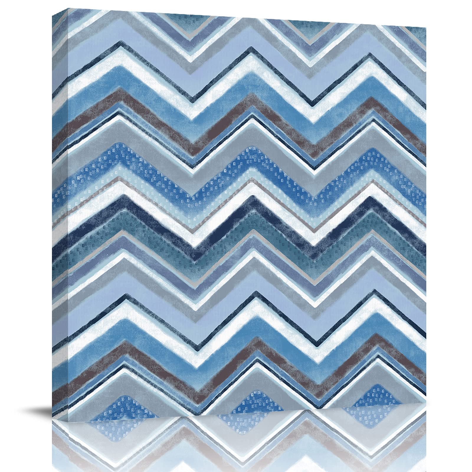 Blue Zigzag Ripple Geometric Stripes Canvas Wall Art - Stretched & Framed Oil Painting Print, Modern Abstract Nordic Style Home Decor for Living Room, Bedroom, Bathroom (12x12 Inches) - Perfect for Contemporary Spaces, Office Walls & Gift Giving