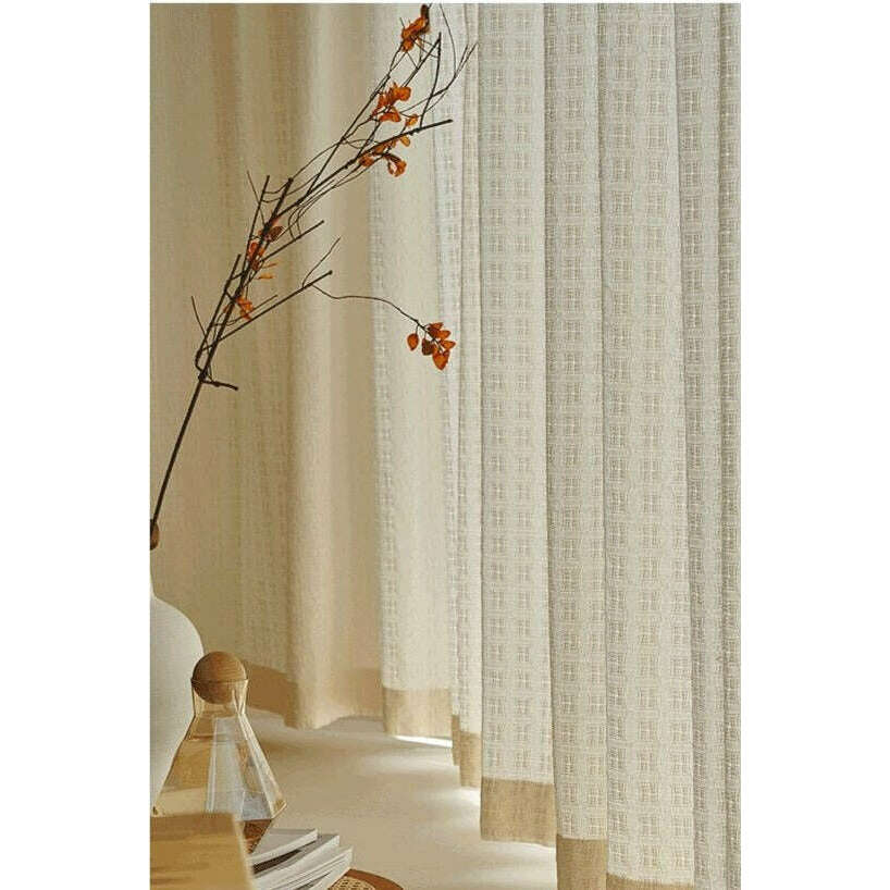 Rémy Linen Jacquard Square Weave Semi-Sheer Curtains - Beige | Light Filtering Window Treatment for Living Room & Bedroom