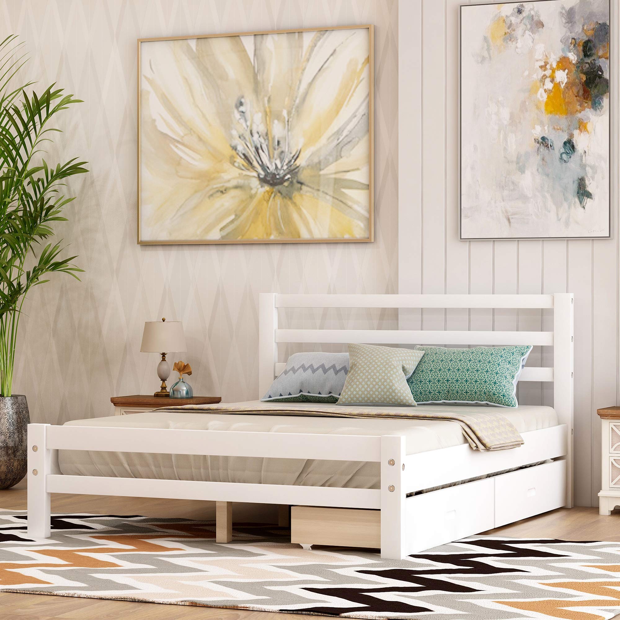 Full Size Wood Platform Bed with Storage Drawers - Sturdy Headboard & Footboard for Teens & Adults - No Box Spring Needed - Perfect for Small Bedrooms