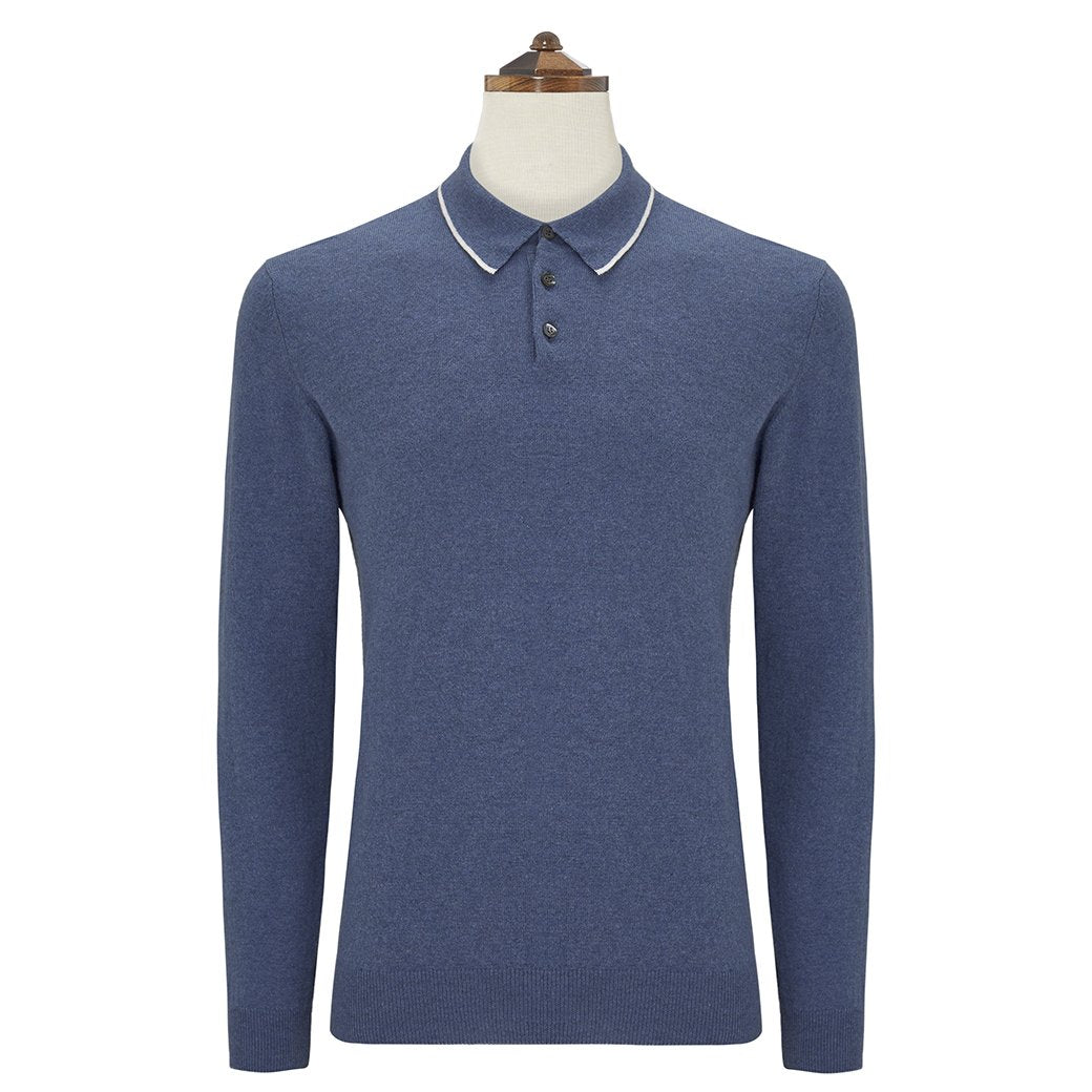 Kirkwell Blue and White Long Sleeve Knitted Shirt for Women - Soft Cotton Blend Pullover Sweater - Casual Fall Winter Tops for Work, Date Night & Cozy Outfits