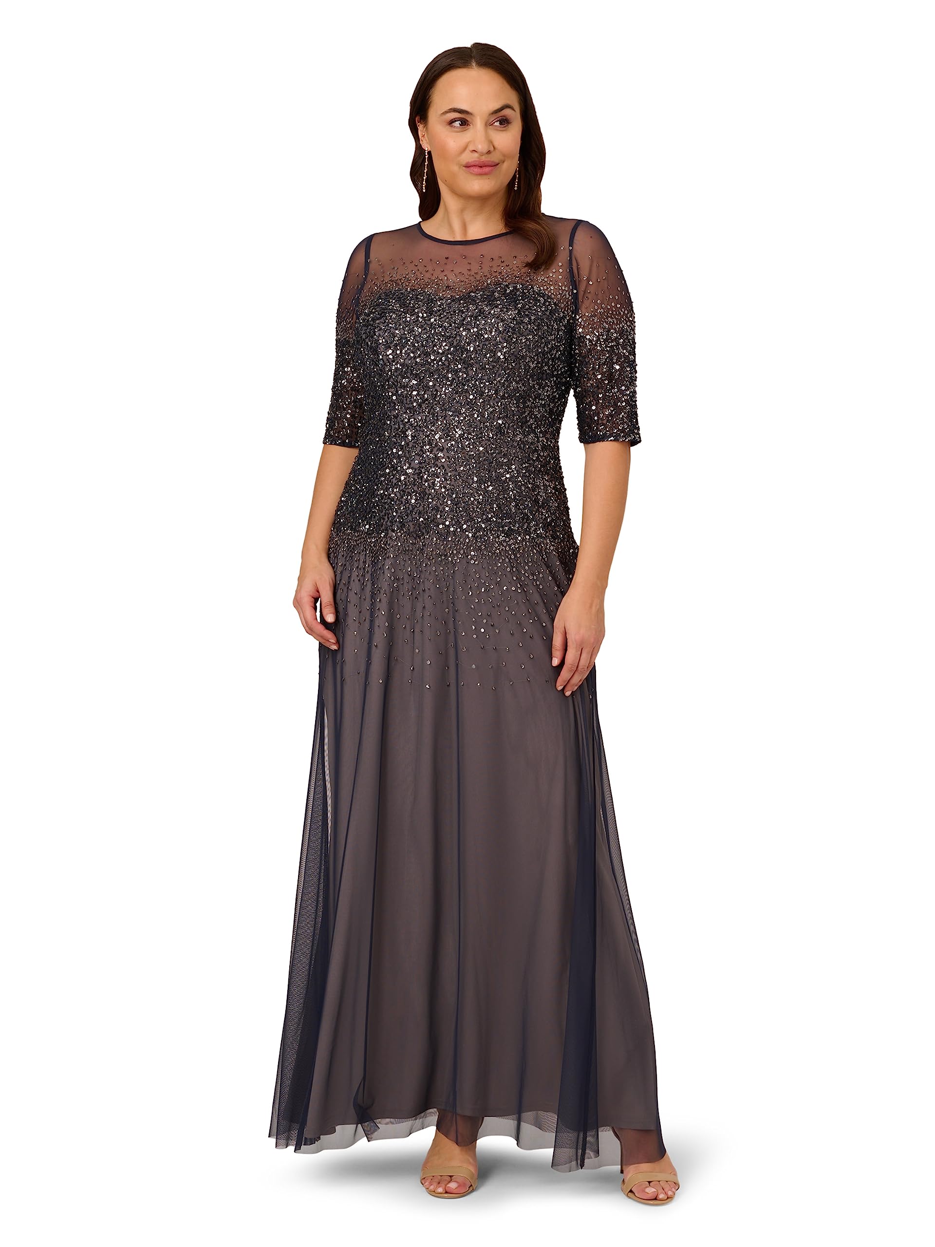 Adrianna Papell Women's Plus Size Beaded Illusion Gown - Elegant Formal Evening Dress for Weddings, Galas & Special Occasions