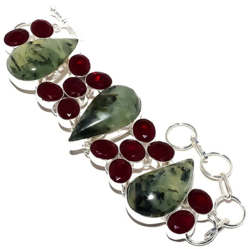 Handmade Sea Green Prehnite & Red Garnet Quartz Multi-Stone Bracelet - 7-9 Inch Adjustable 925 Sterling Silver Plated Jewelry for Women & Girls | Perfect for Gifts, Parties, and Everyday Wear