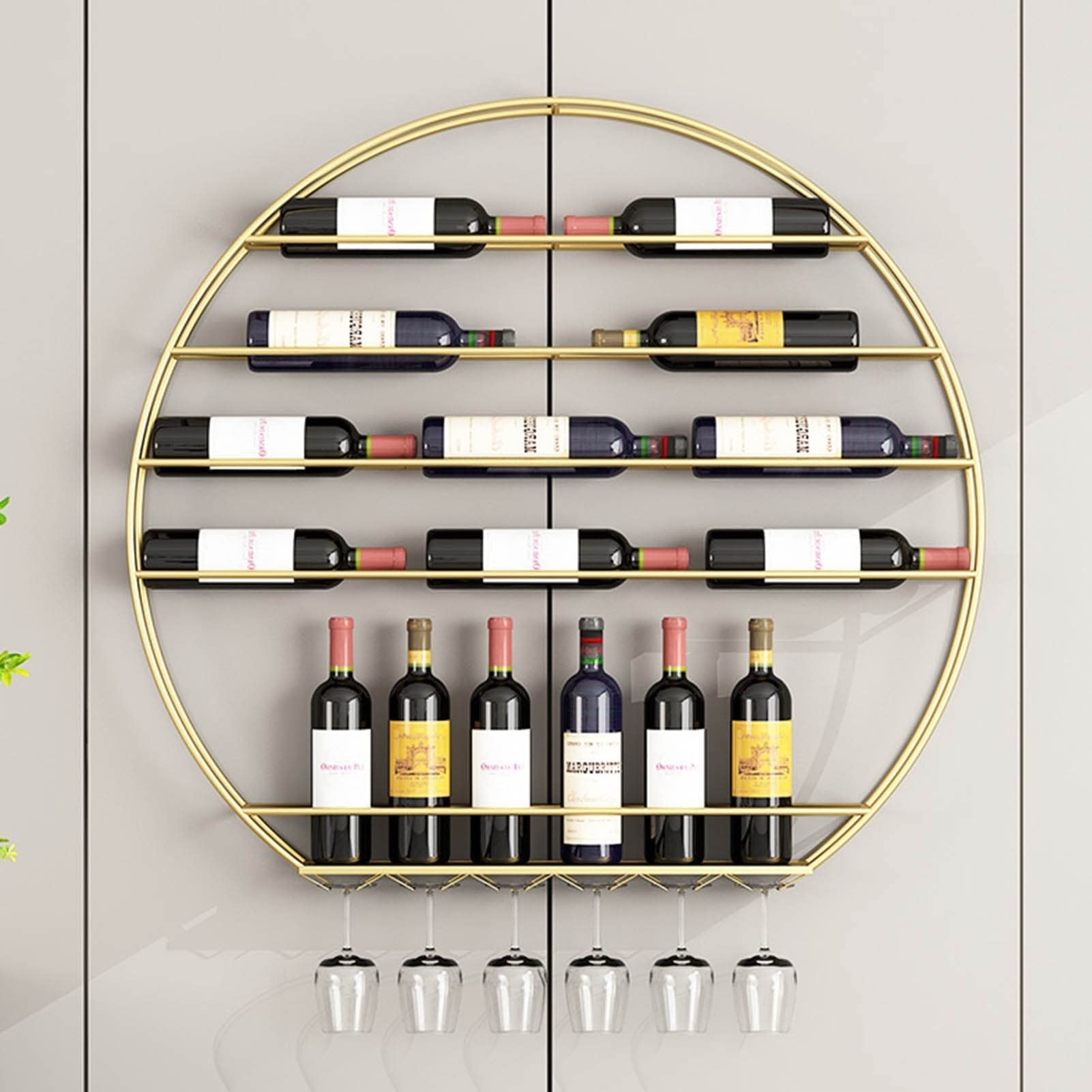 Round Wall-Mounted Wine Rack - Gold Metal Wine Bottle Holder & Stemware Shelf for Kitchen, Bar, Dining Room - Space Saving Wine Storage Organizer with Upside Down Glass Cup Hooks - Perfect for Home Decor and Entertaining Guests