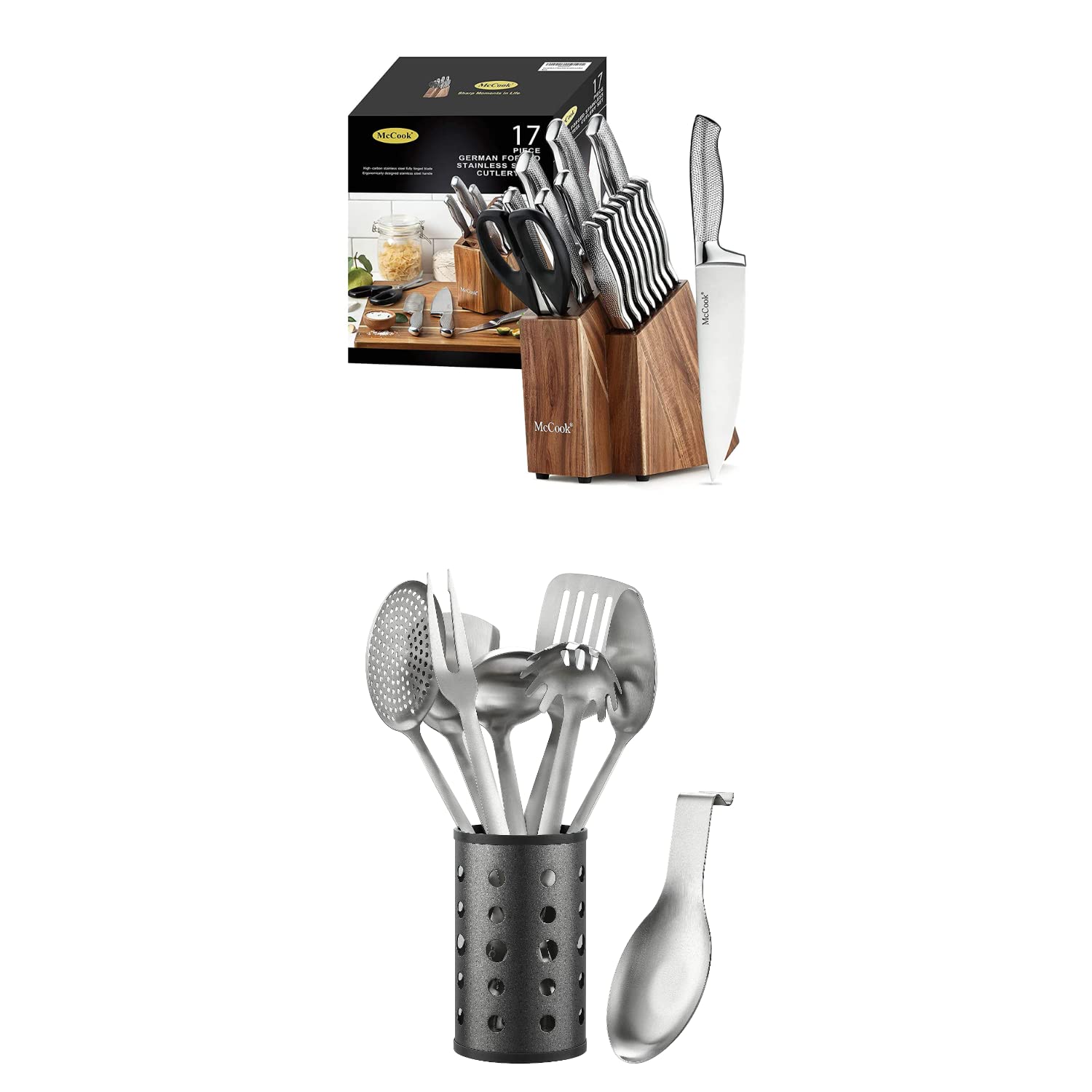 17-Piece Full Tang Hammered German Stainless Steel Knife Set with McCook MC60 Stainless Steel Cooking Utensil Set - Professional Kitchen Cutlery for Chefs & Home Cooking, Perfect for Meal Prep, Slicing, Dicing & Food Preparation