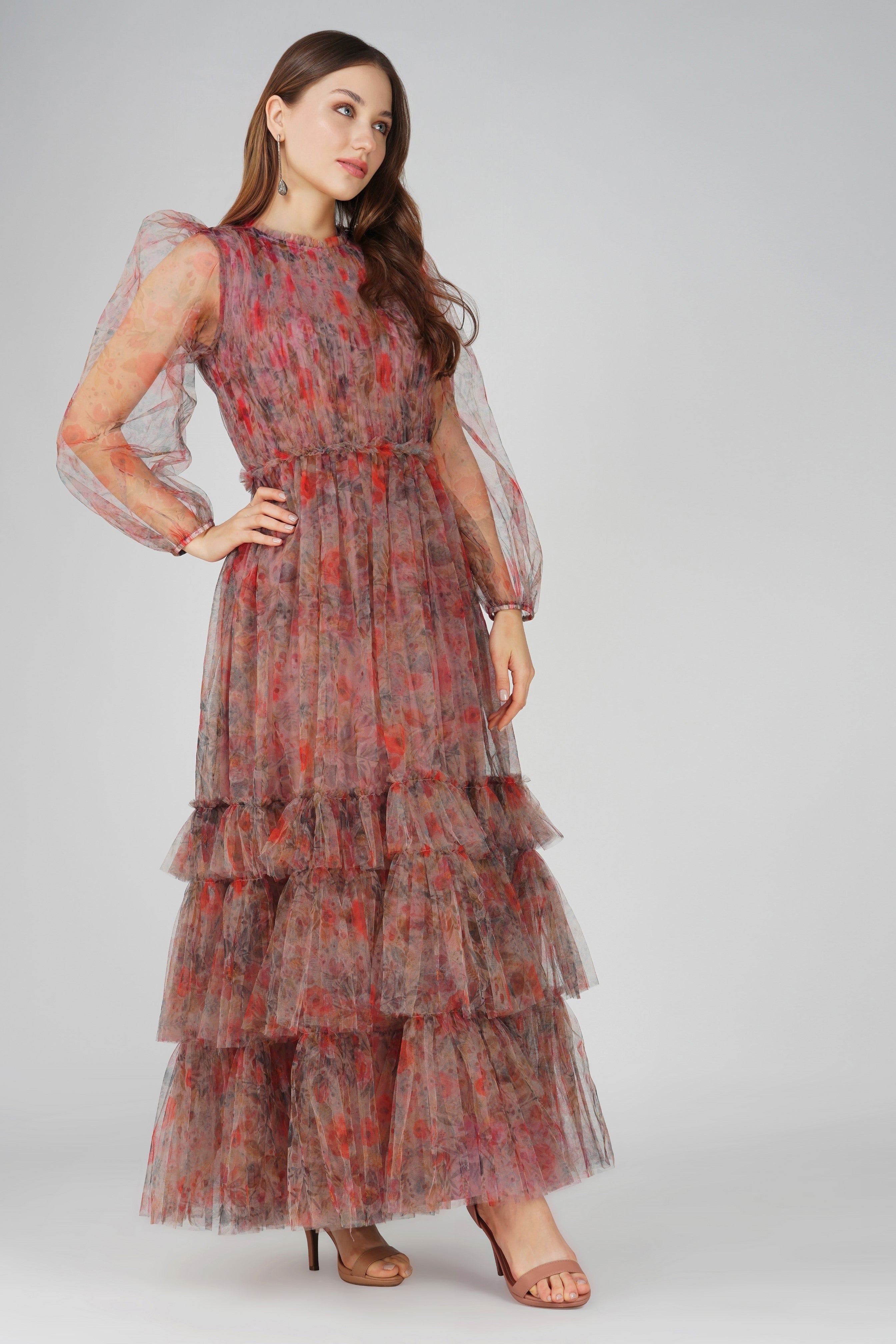 Carina Long Sleeve Floral Maxi Dress in Dusty Rose - Elegant Boho Women's Dress for Weddings, Parties & Special Occasions