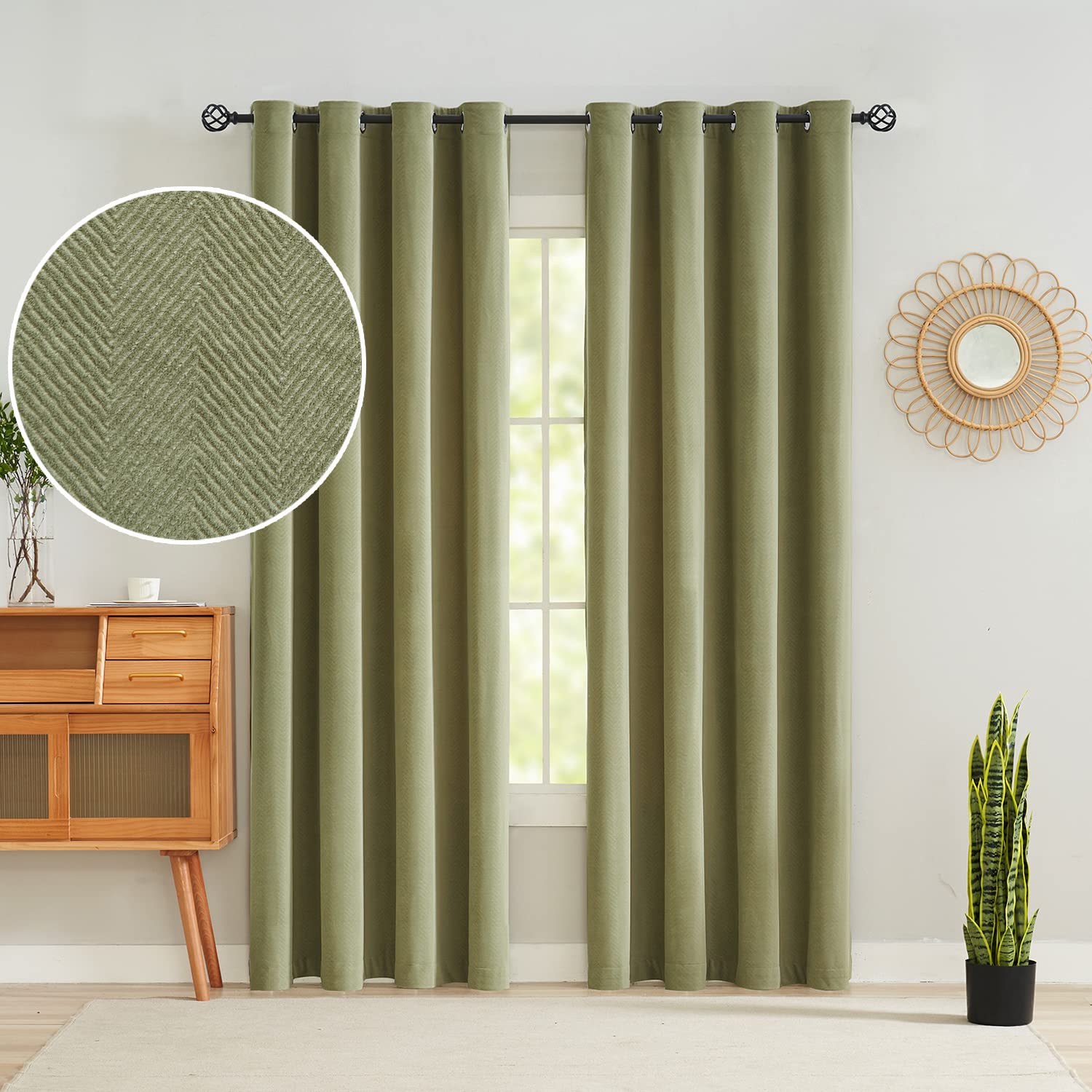LoyoLady Olive Green Velvet Curtains 96 Inches Long - 2 Panels Set, Herringbone Blackout Thermal Drapes for Bedroom & Living Room - 100