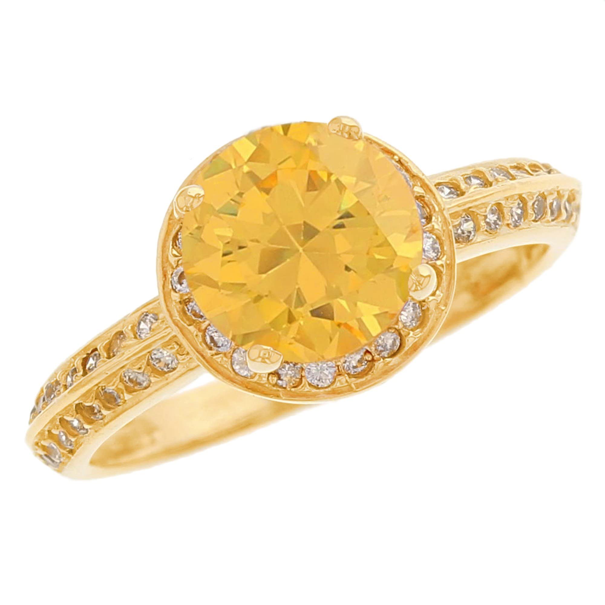14K Solid Yellow Gold Simulated Citrine & White CZ Halo Ring for Women - Elegant Birthstone Jewelry Gift for Anniversary, Birthday & Special Occasions