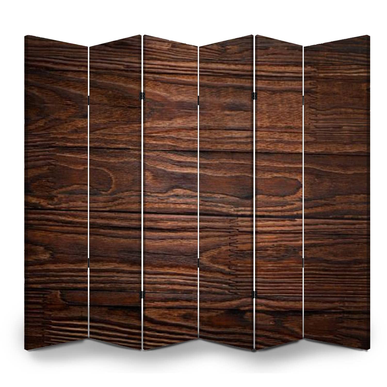 6 Panel Dark Brown Wooden Room Divider - Canvas Privacy Partition Screen with Pine Wood Planks for Home, Office, Bathroom & Bedroom - Space Saving Decorative Room Separator for Indoor Use