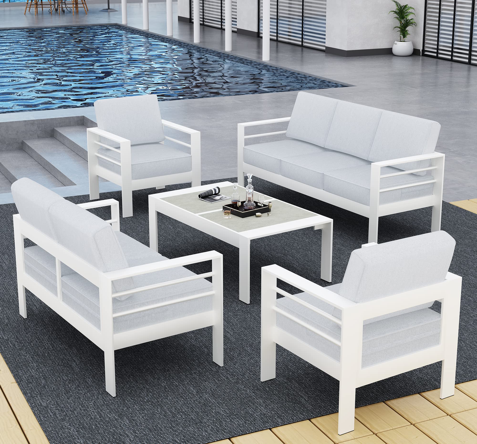 LayinSun 5-Piece Outdoor Aluminum Patio Sectional Sofa Set with Waterproof Cover & Coffee Table - Modern Conversation Seating for Garden, Backyard, Poolside, and Terrace