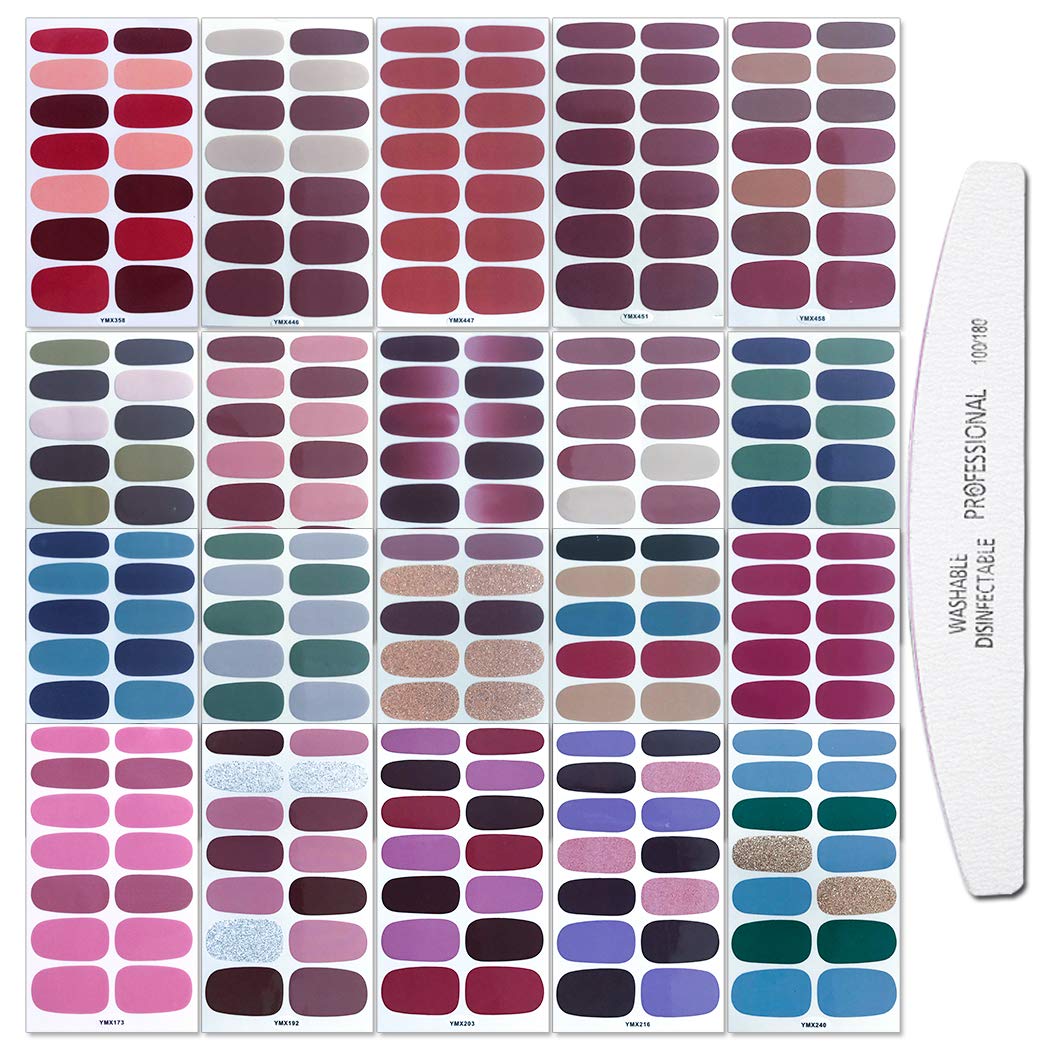 WOKOTO 20 Sheets Solid Color Nail Polish Wraps - Self-Adhesive Nail Decals & 1 Nail File - Full Cover Strips for DIY Manicure at Home, Salon, Parties & Special Occasions