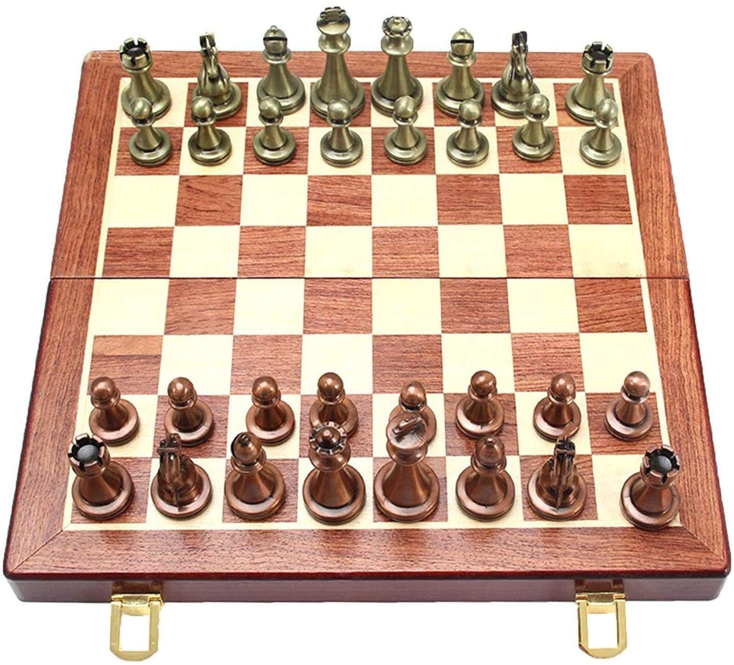 Premium Metal Chess Set - Deluxe Copper Plated Alloy Board Game with Wooden Storage Box | Portable & Folding Design for Adults | Perfect for Travel, Office, and Home Decor