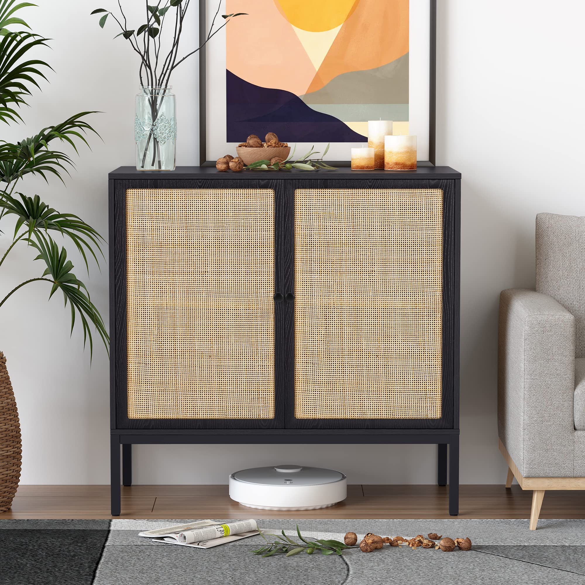 XIAO WEI Handmade Natural Rattan Sideboard Cabinet - Modern Storage Console Table with Rattan Doors for Kitchen, Living Room, Entryway - Perfect for Dining Room Buffet, Hallway Storage & Home Decor (Black)
