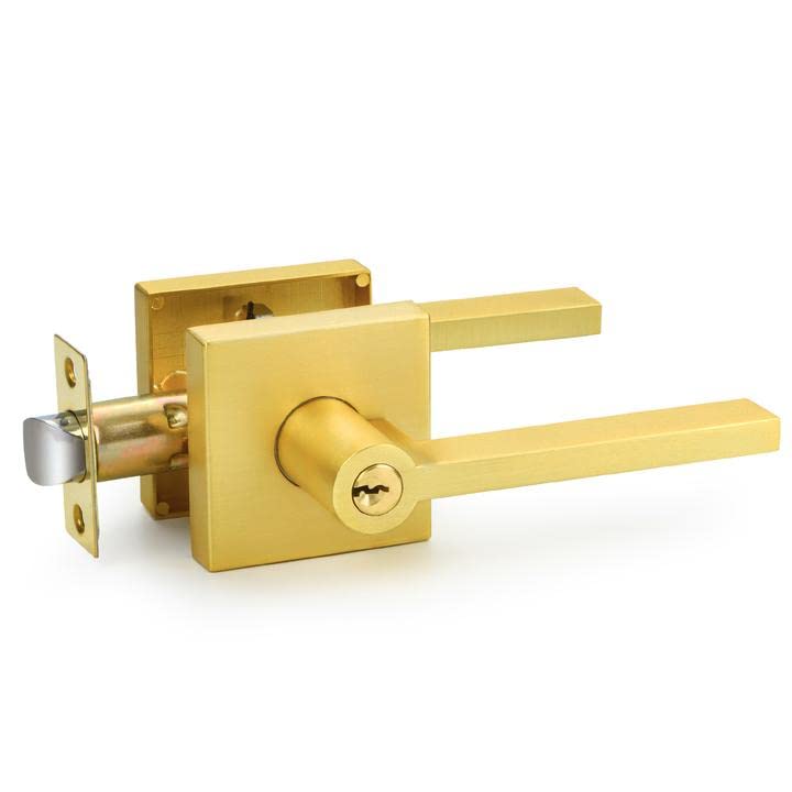 10-Pack Satin Brass Heavy Duty Entry Door Handle Set - Slim Lever Door Knobs with Lock & Key (Keyed Alike/Combo Keyed) - Classic Secure Door Handle for Home, Office & Commercial Use