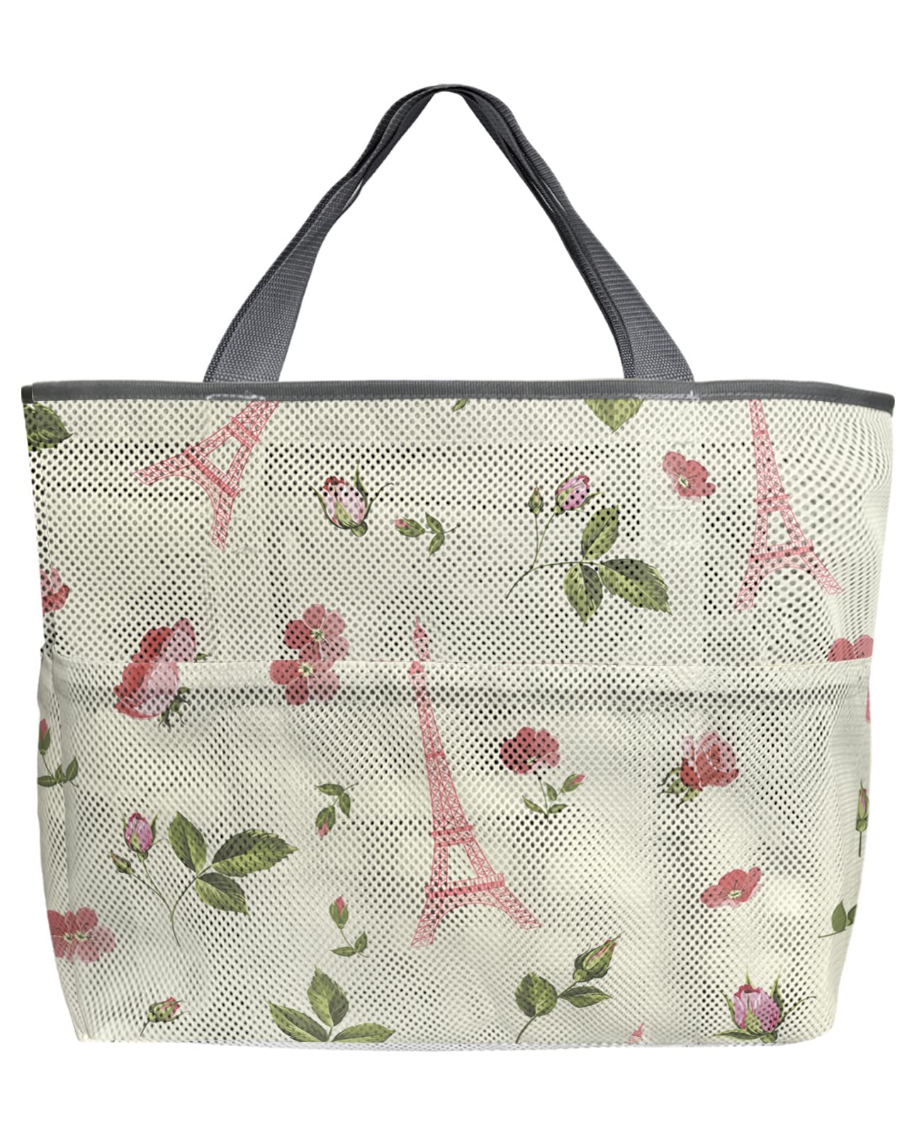 60L Oversized Mesh Beach Tote Bag with Pockets - Eiffel Tower & Floral Design, Quick-Dry, Foldable & Lightweight (24