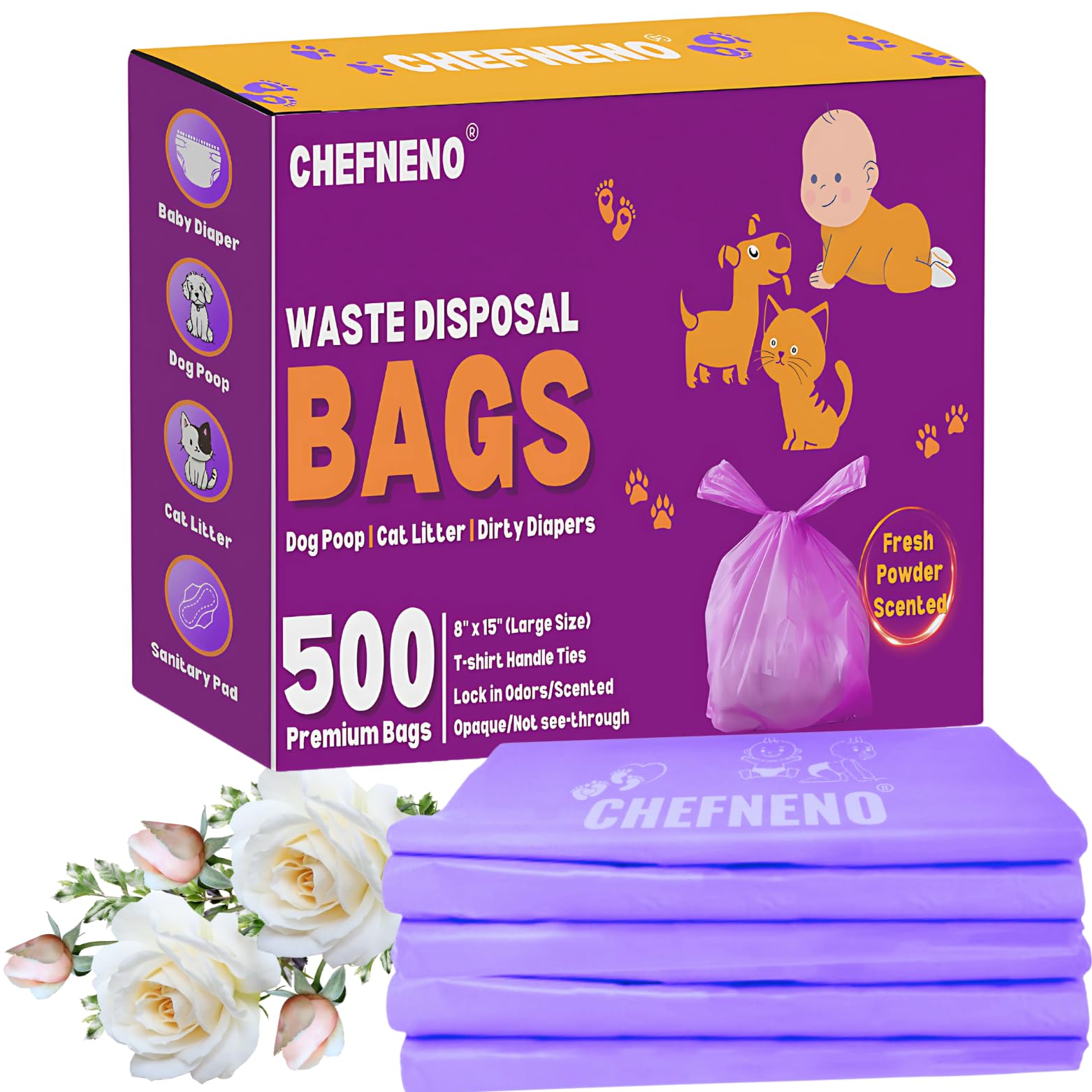 **Eco-Friendly Disposable Baby Diaper Bags - 500 Count, Fresh Powder Scented, Easy-Tie Handles for Diapers, Dog Poop & Cat Litter Waste - Perfect for Travel, Nursery & Pet Care**