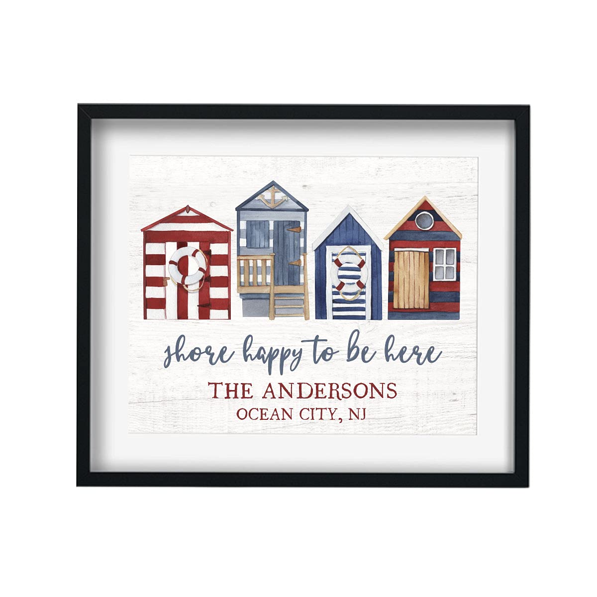 Shore Happy to Be Here Print - Personalized Home Decor, Wedding & Housewarming Gift - Rustic, Beach, Coastal Wall Art (16x20 Black Frame) - Perfect for Beach Houses, Living Rooms & Nursery Decor