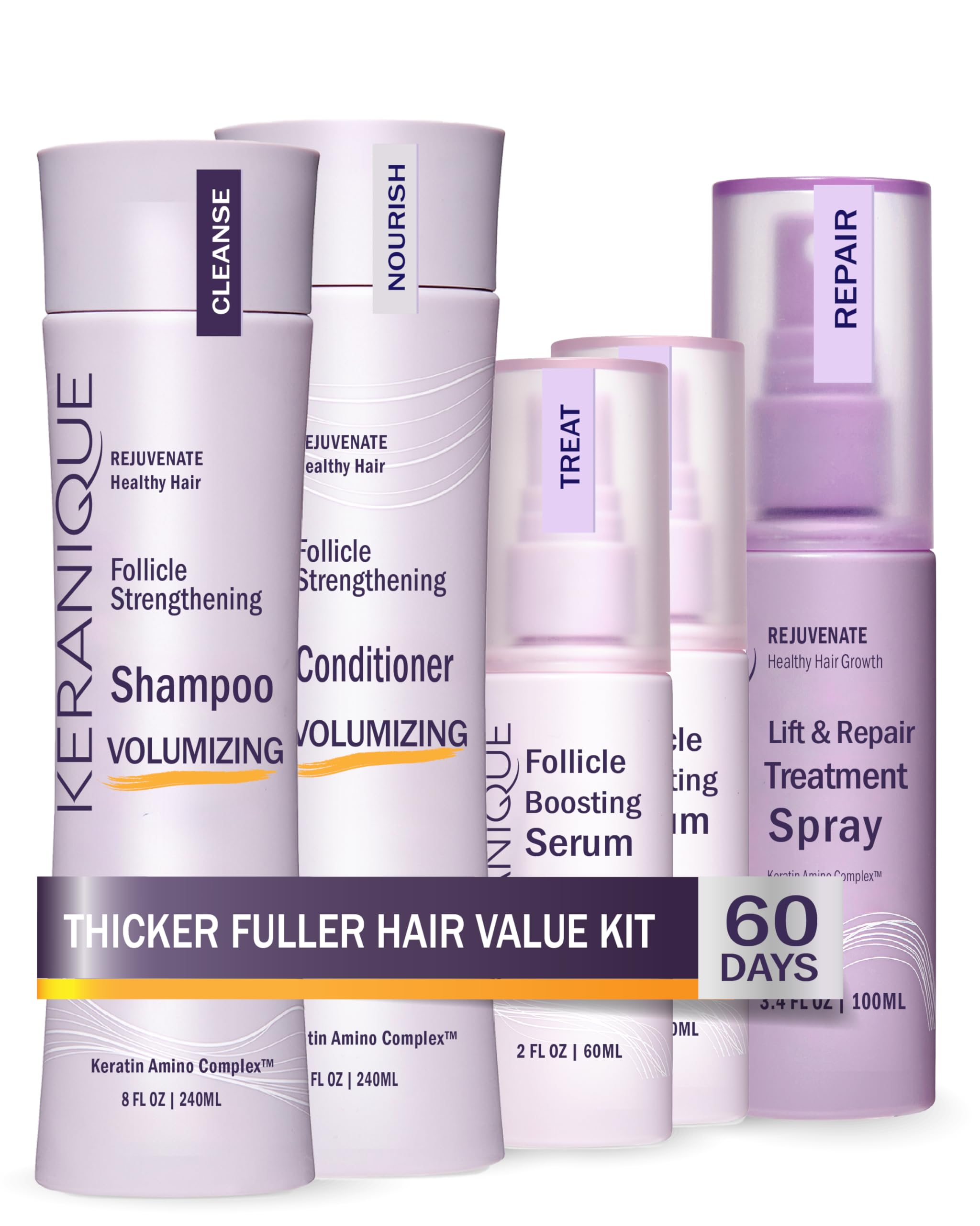 Keranique Volumizing Hair Care Set for Women with Thinning Hair - Thickening Shampoo & Conditioner, Follicle Booster Serum, Volumizing Spray with Keratin for Fine Hair Repair & Volume Boost | Daily Hair Care & Styling Solution for Thin, Flat Hair