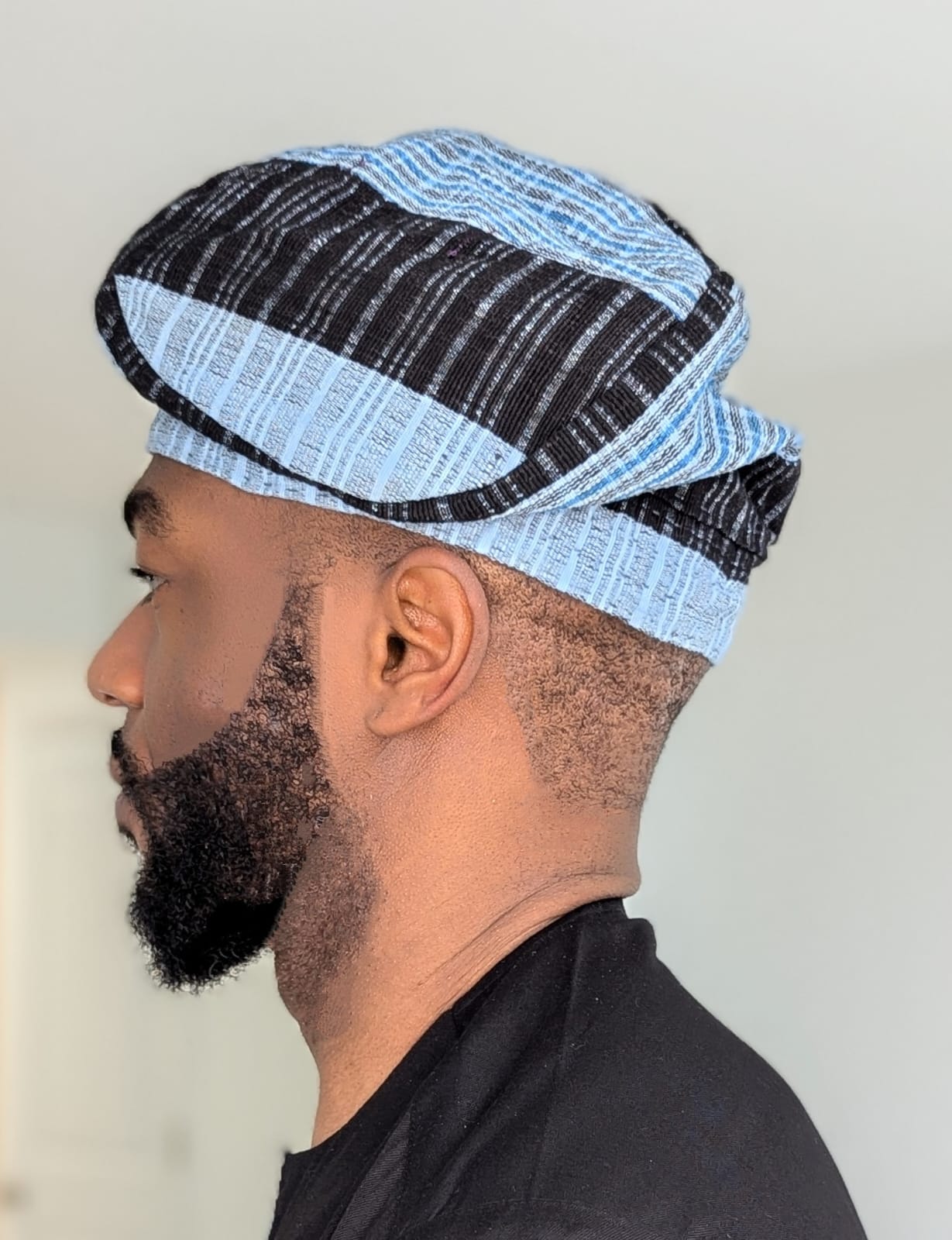 Stylish Light Blue & Dark Blue Striped African Aso Oke Kufi Hat for Men | Traditional Nigerian Fila Cap | Perfect for Weddings, Cultural Events & Everyday Wear