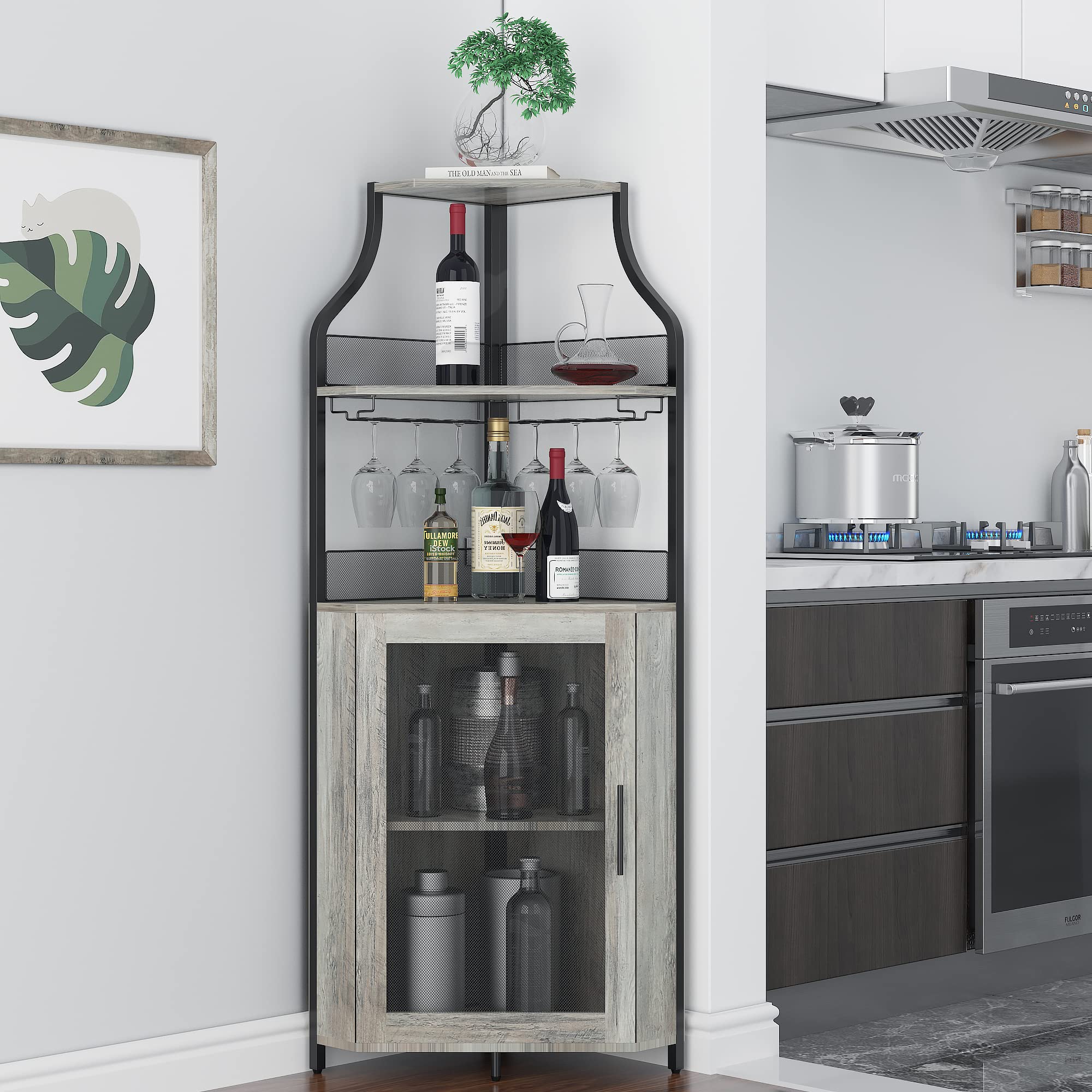 Stylish Grey Wine Corner Cabinet with Removable Rack - Bar Storage Cabinet with Glass Holder & Mesh Door - Functional Partitioned Wine Cellar for Kitchen, Dining Room or Home Bar Decor