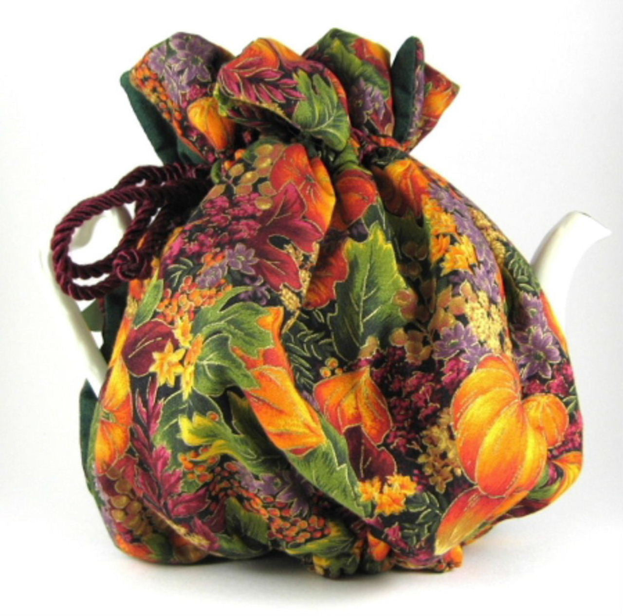 Handmade Reversible Tea Cozy with Padded Fall Fruit Flowers Design in Purple and Green - Perfect for Autumn Tea Parties and Cozy Home Decor
