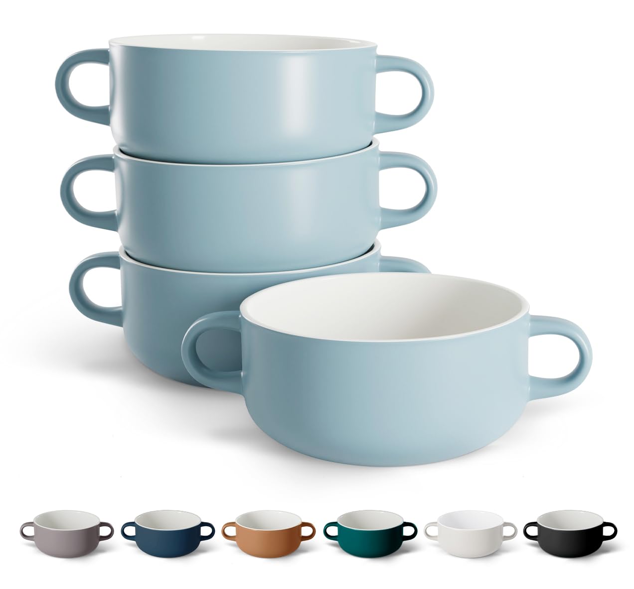 KooK 18 oz Ceramic Soup Crocks with Handles - Oven, Broiler, Microwave & Dishwasher Safe Bowls - Set of 4 Pale Blue Soup Bowls for Casserole, Pasta, Cereal - Perfect for Family Dinners & Entertaining Guests