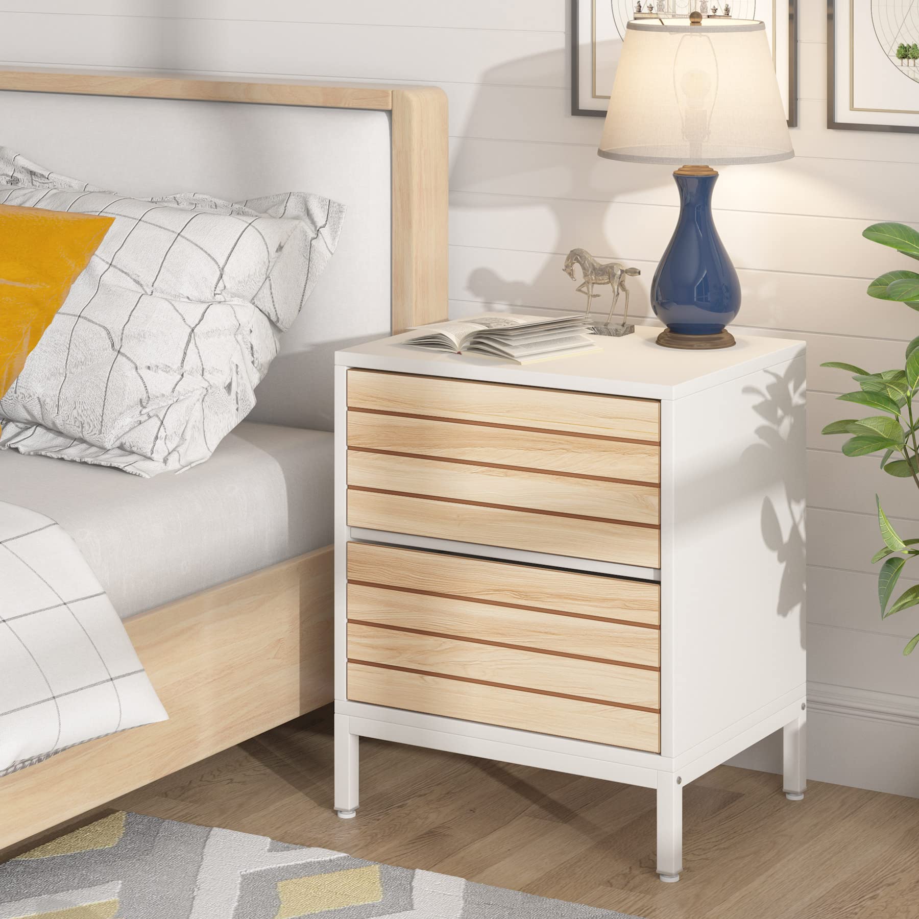 Tribesigns 2-Piece White Wood Nightstand Set with 2 Drawers - Industrial Style Bedside Tables with Metal Frame for Modern Bedroom | Perfect for Small Spaces, Guest Rooms & Apartment Living