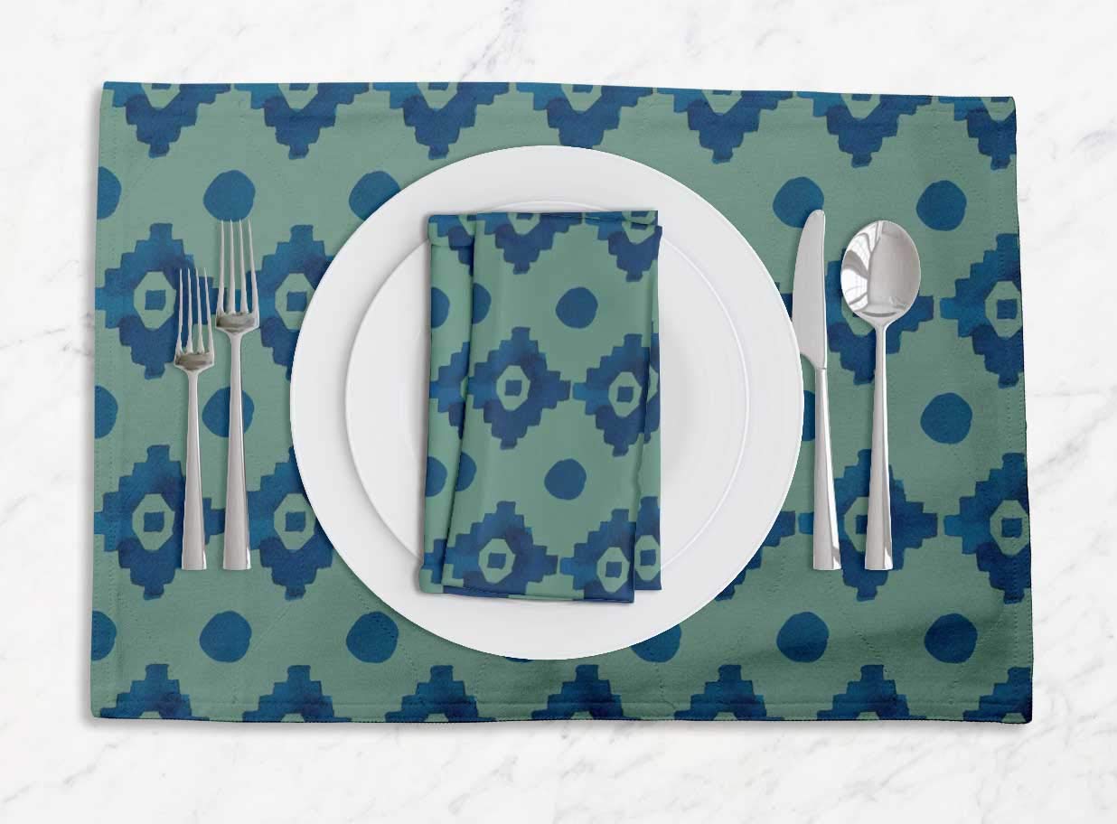 Stylish Green Aztec Geometric Washable Placemats & Napkins Set - Eco-Friendly Table Decor for Everyday Dining, Parties, and Home Decor | Perfect for Kitchen, Dining Room, and Outdoor Entertaining