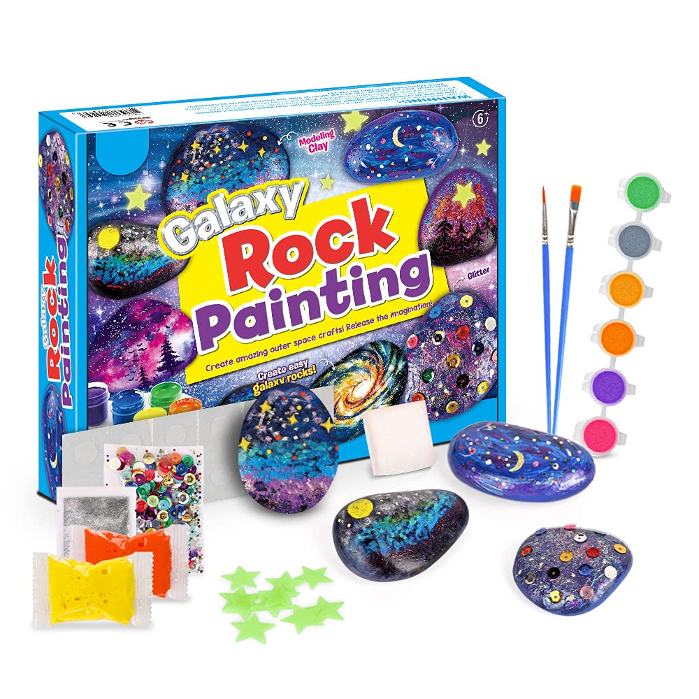 LARY Rock Painting Kit for Kids - DIY Galaxy Planets Arts and Crafts Set with Glow in The Dark Stars - Creative STEM Activity for Boys & Girls - Perfect for Birthday Gifts, Classroom Projects & Home Decor