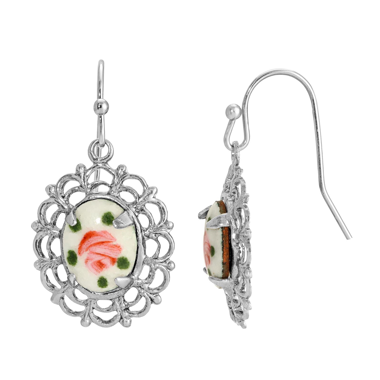 1928 Vintage Artisan Pink Flower Stone Drop Earrings - Handcrafted Oval Filigree Jewelry for Women | Perfect for Weddings, Parties & Special Occasions