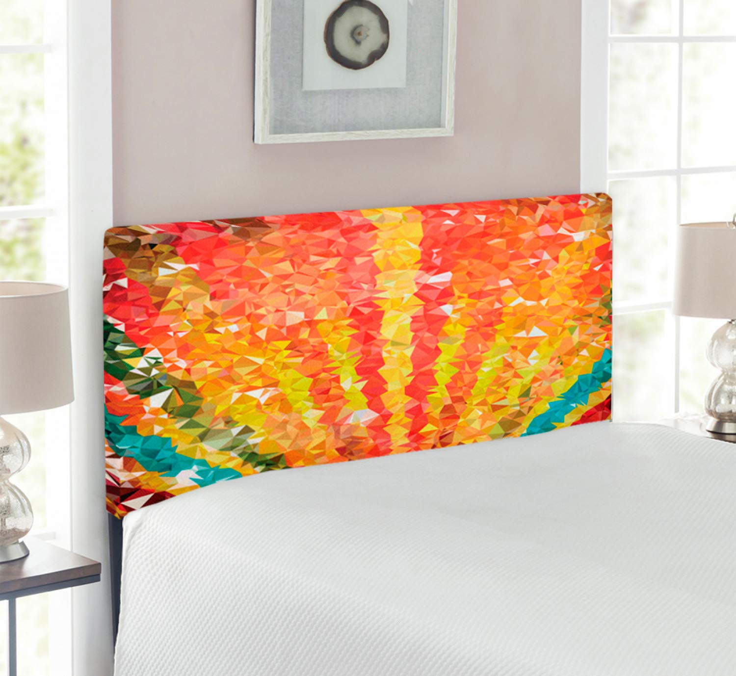 Ambesonne Diamond Upholstered Headboard - Twin Size, Pop Art Sun Rays & Rainbow Stripes Design, Decorative Metal Bed Frame with Memory Foam in Vibrant Orange-Red | Perfect for Bohemian Bedrooms, Teen Rooms & Modern Home Decor