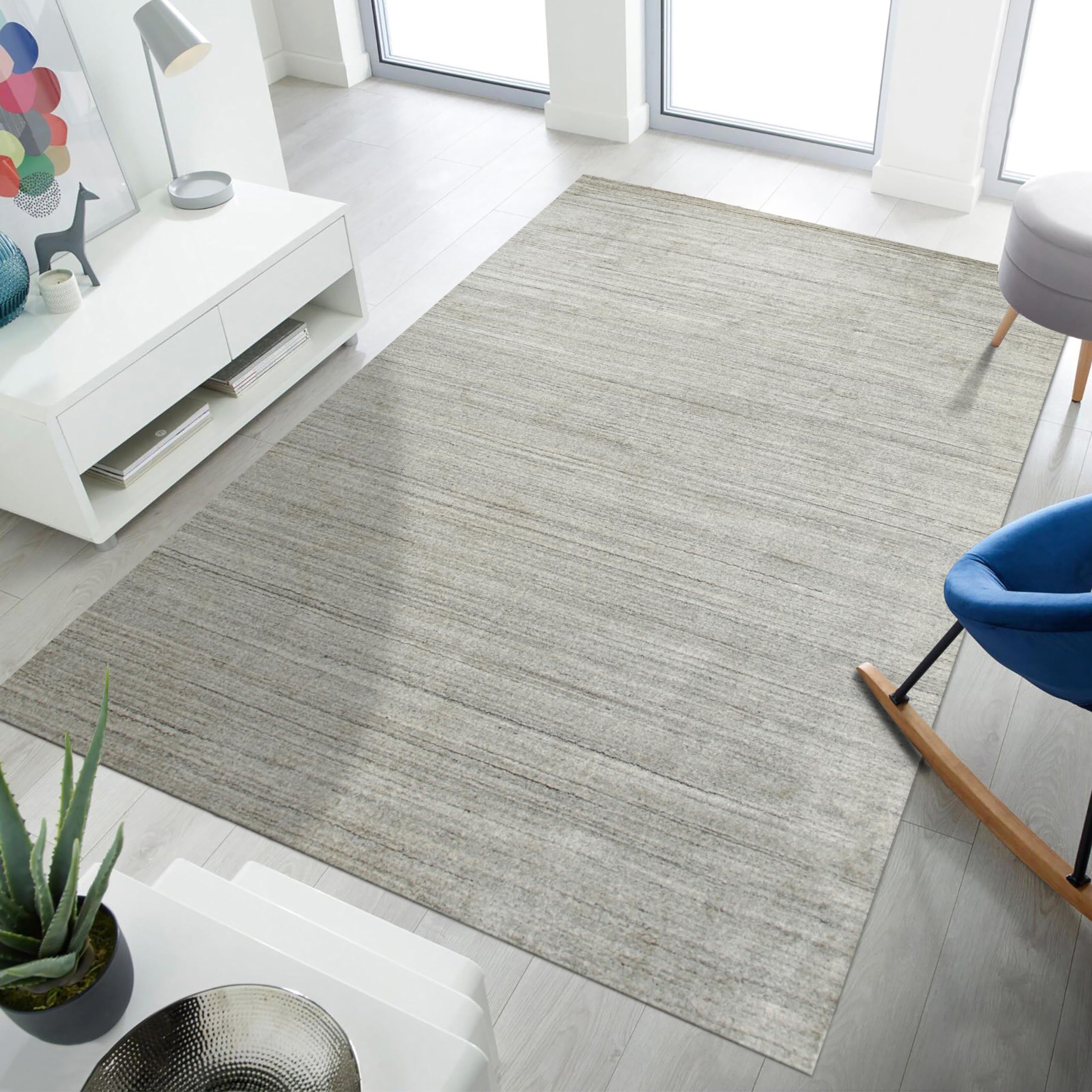 Handmade Wool & Viscose Urban Area Rug 8x10 Feet - Soft Beige Bohemian Style Rug for Living Room, Bedroom & Office Decor | EORC OCU165BG8X10