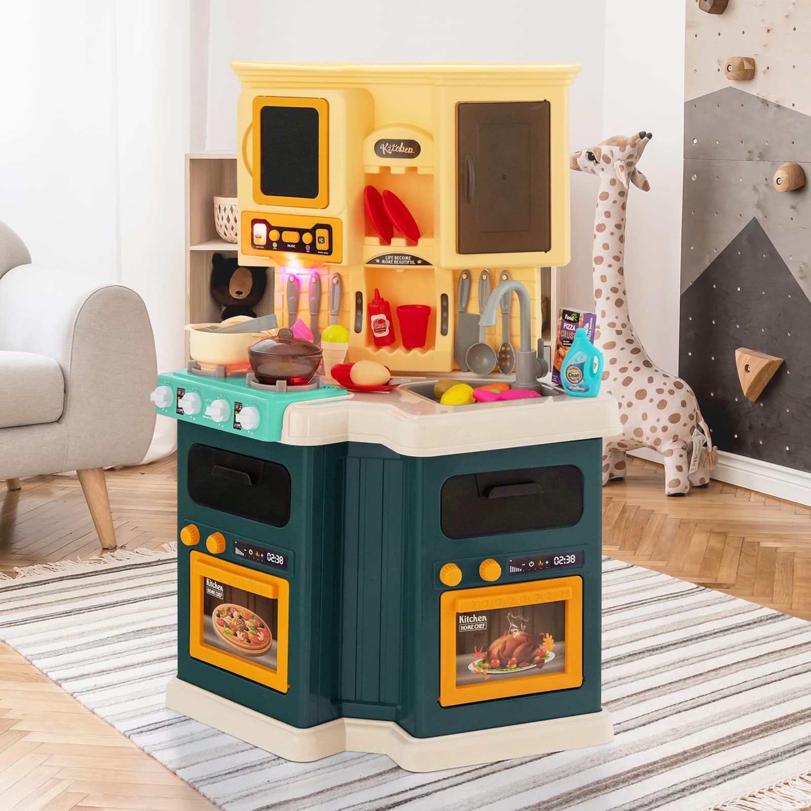 GLACER 67 PCS Kids Kitchen Playset - Interactive Pretend Play Toy with Vapor & Boil Effects, LED Lights & Sounds, Music, Washing Sink with Running Water - Educational Kitchen Toy for Boys & Girls Ages 3+ (Green) | Perfect for Imaginative Play, Birthday Gifts & Preschool Learning Activities