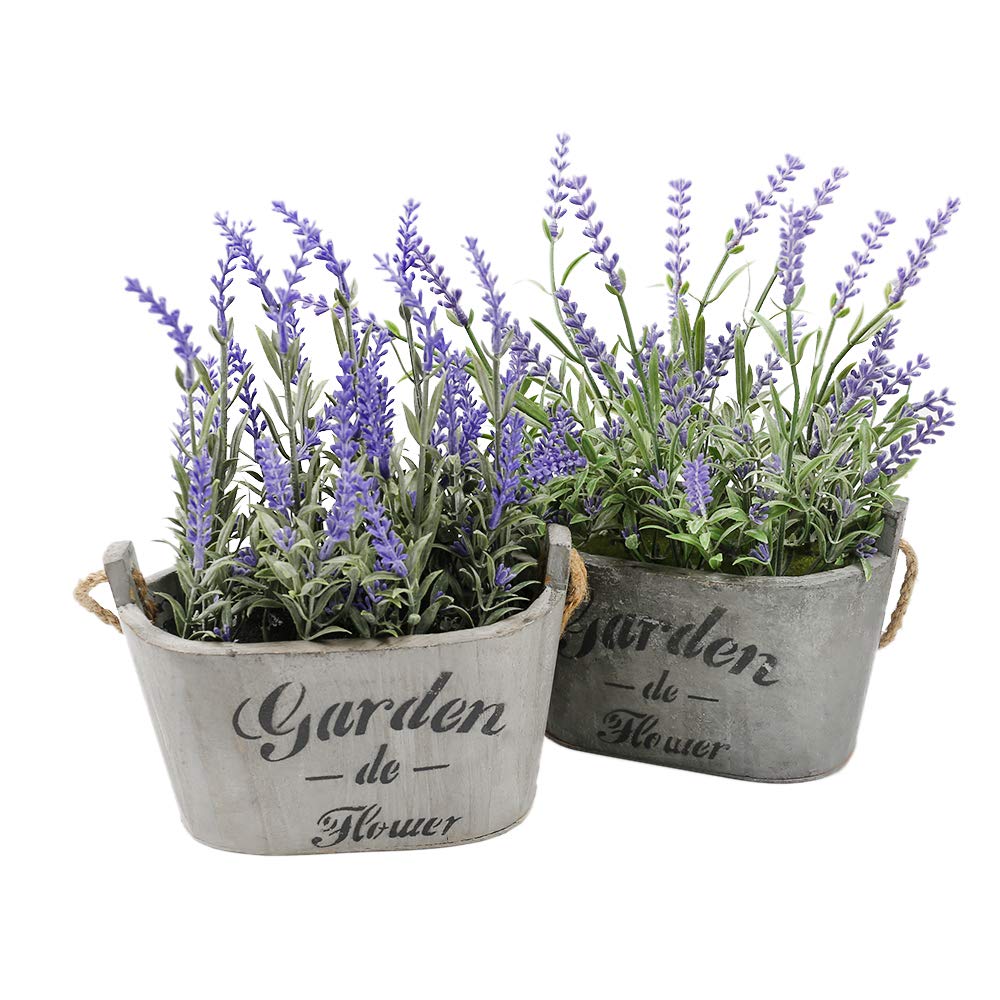 Lifelike Artificial Lavender Plants in Rustic Wooden Planters - Set of 2 Faux Silk Purple Flowers for Home, Office & Patio Decor - Perfect for Wedding Centerpieces, Farmhouse Style Decor & Gift Giving