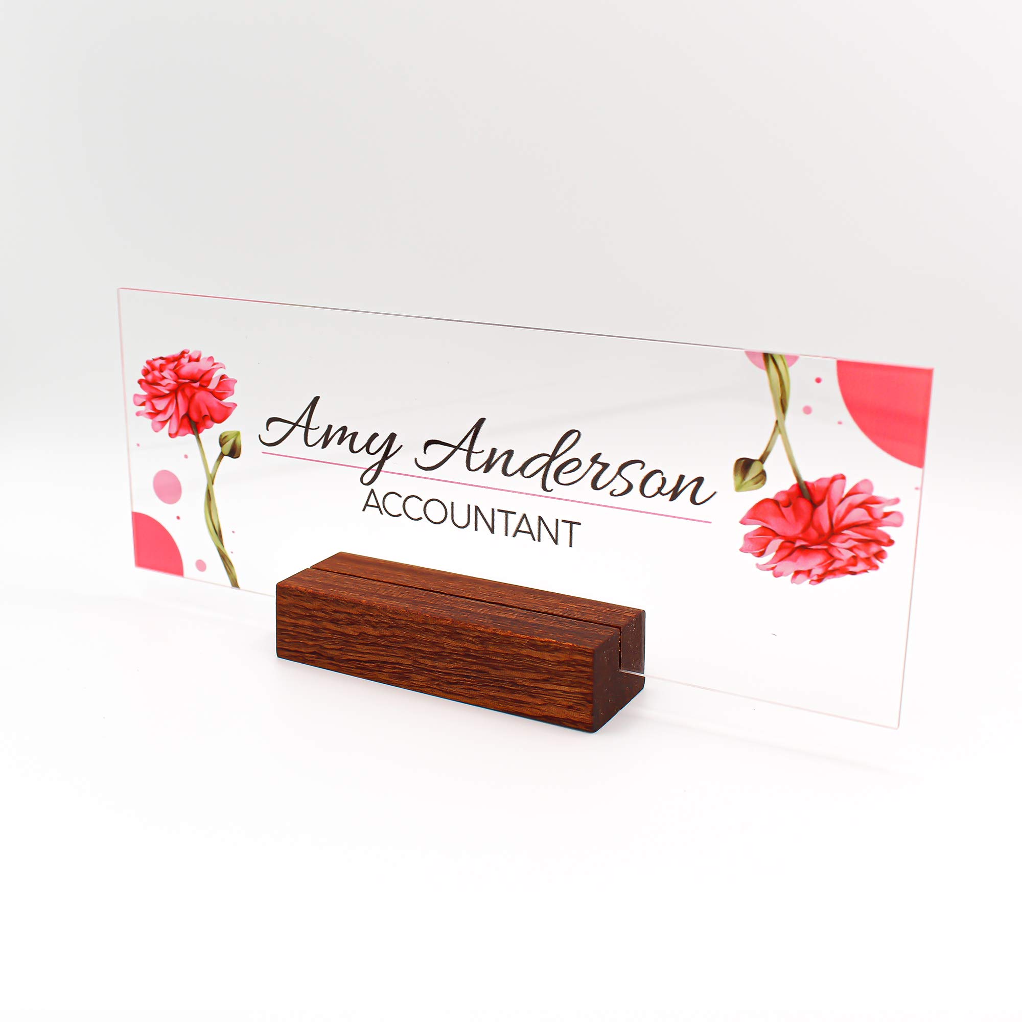 Custom Engraved Business Desk Name Plate - Personalized Office Name Sign with Pink Floral Design for Professional Workspaces & Home Offices