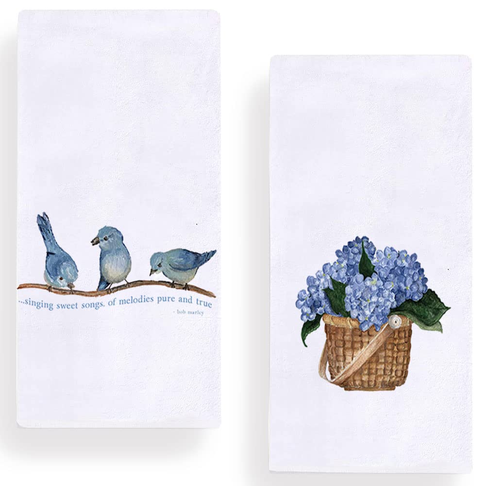 Blue Birds & Hydrangea Floral Kitchen Dish Towels Set of 2 - 18