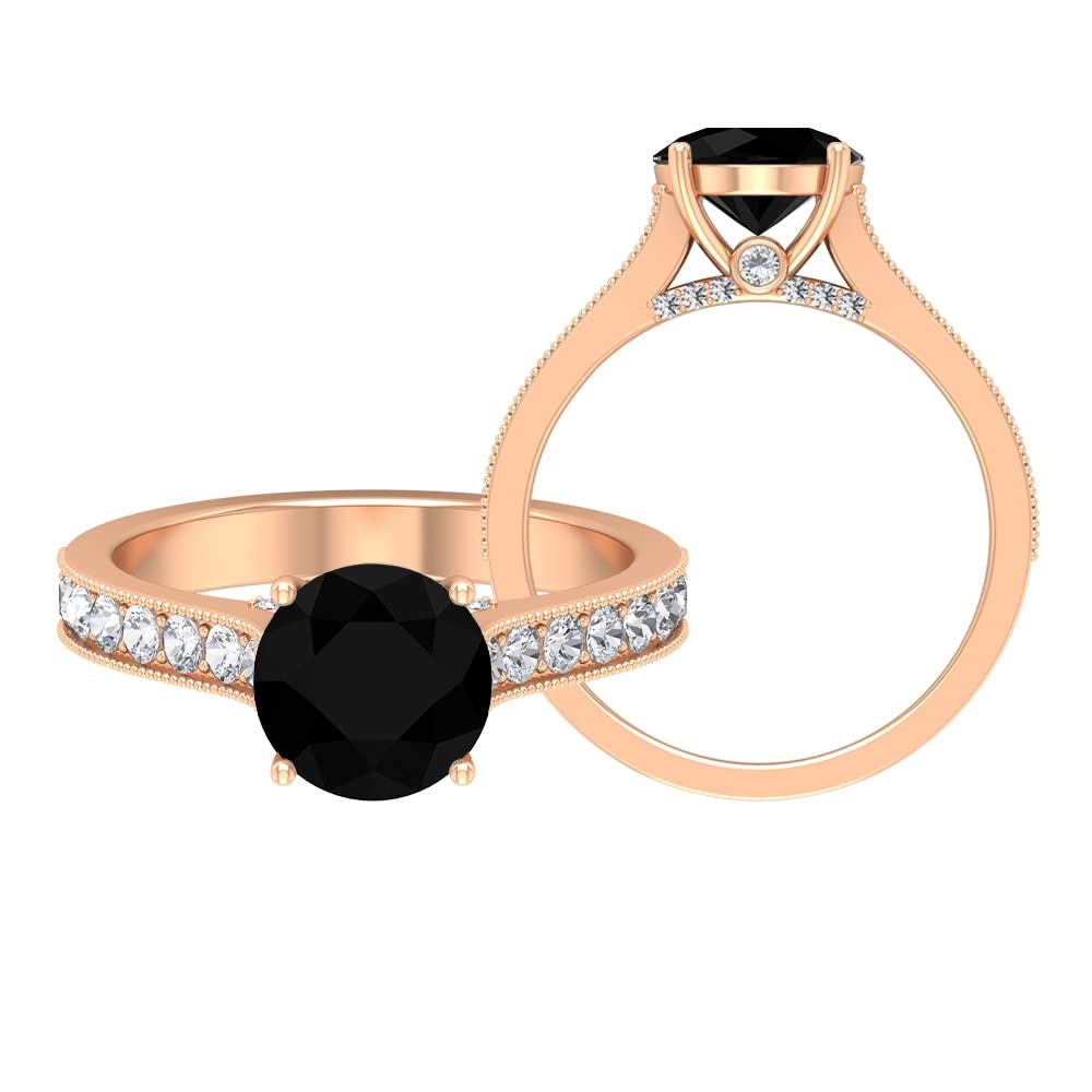 3 CT Black Spinel & Moissanite Engagement Ring in 14K Solid Gold - Vintage Milgrain Solitaire Ring for Women, Wedding, Anniversary & Special Occasions