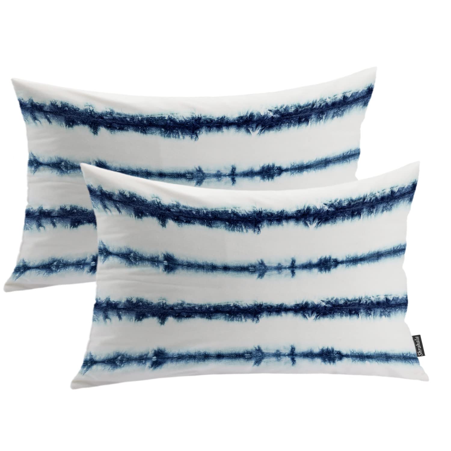 Shrahala Stripe Indigo Decorative Pillow Covers - Set of 2 Blue Denim Tie-Dye Cushion Cases (12x20 Inches) for Sofa, Bedroom & Car - Perfect for Boho Home Decor & Cozy Living Spaces