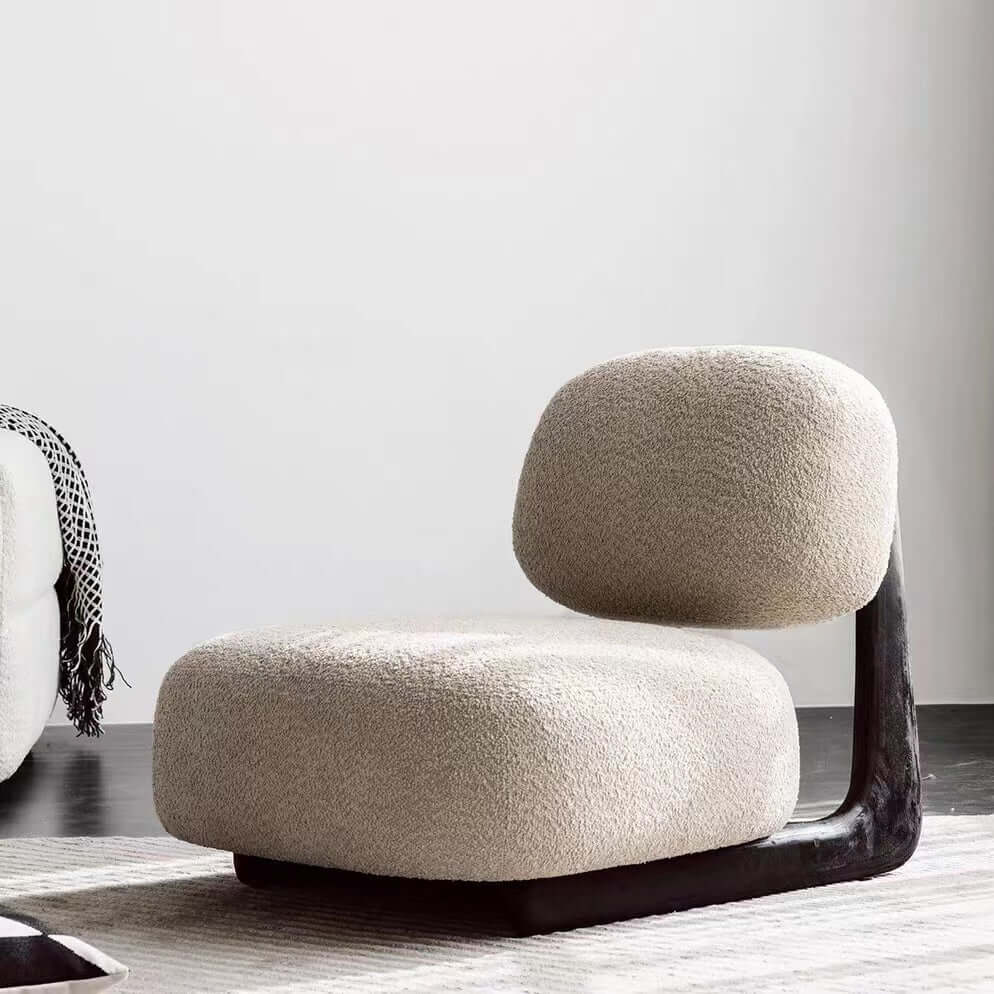 Modern Light Tan Boucle Sherpa Lounge Accent Chair with Wood Base - Cozy Reading Nook & Living Room Decor