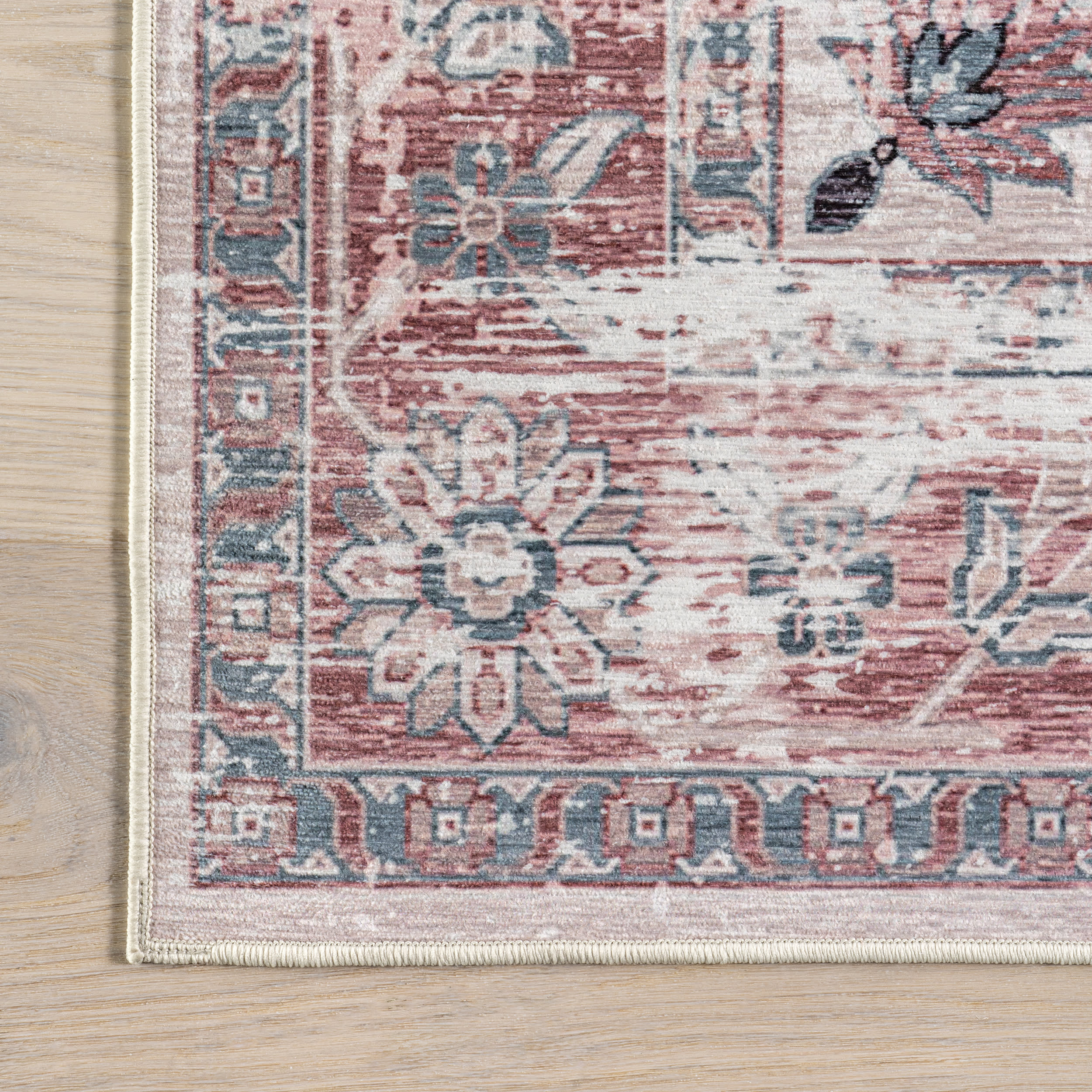 Faded Wreath Spill Proof Washable Rug - Light Grey Non-Slip Area Rug for Living Room, Bedroom & Entryway