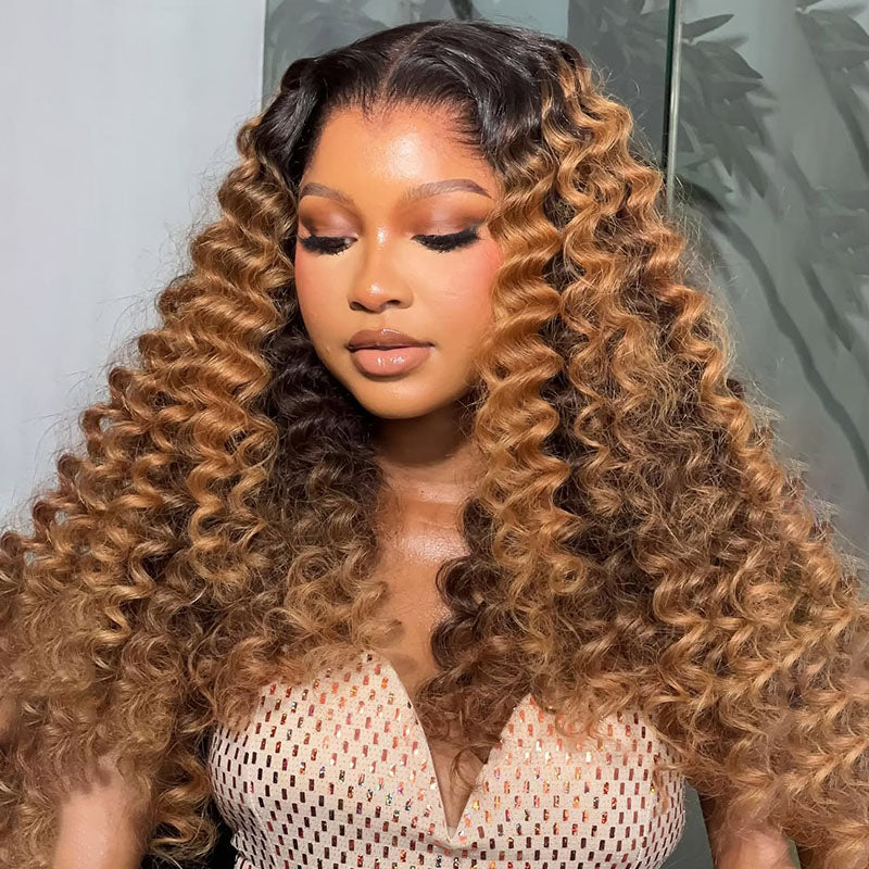 Eullair T1B Honey Brown Deep Curly Human Hair Lace Front Wig - Pre-Colored Glueless Lace Wig for Women (EW012) | Natural Look for Daily Wear, Parties & Special Occasions