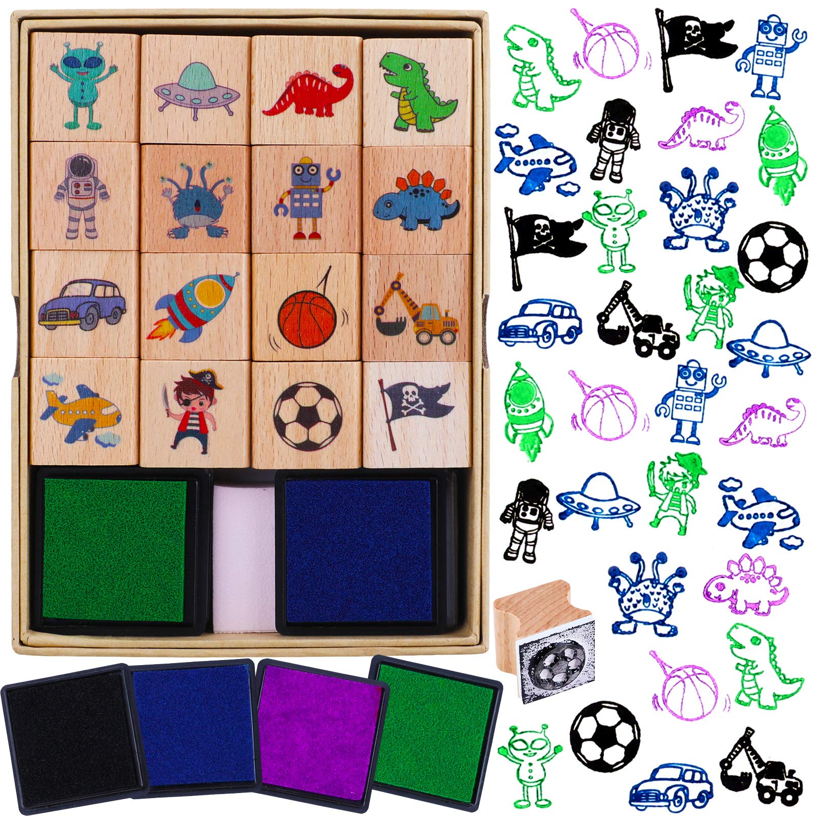 HOWAF 16pcs Kids Wooden Stamps with Ink Pad - DIY Crafts for Boys Birthday Gifts | Scrapbooking & Card Making
