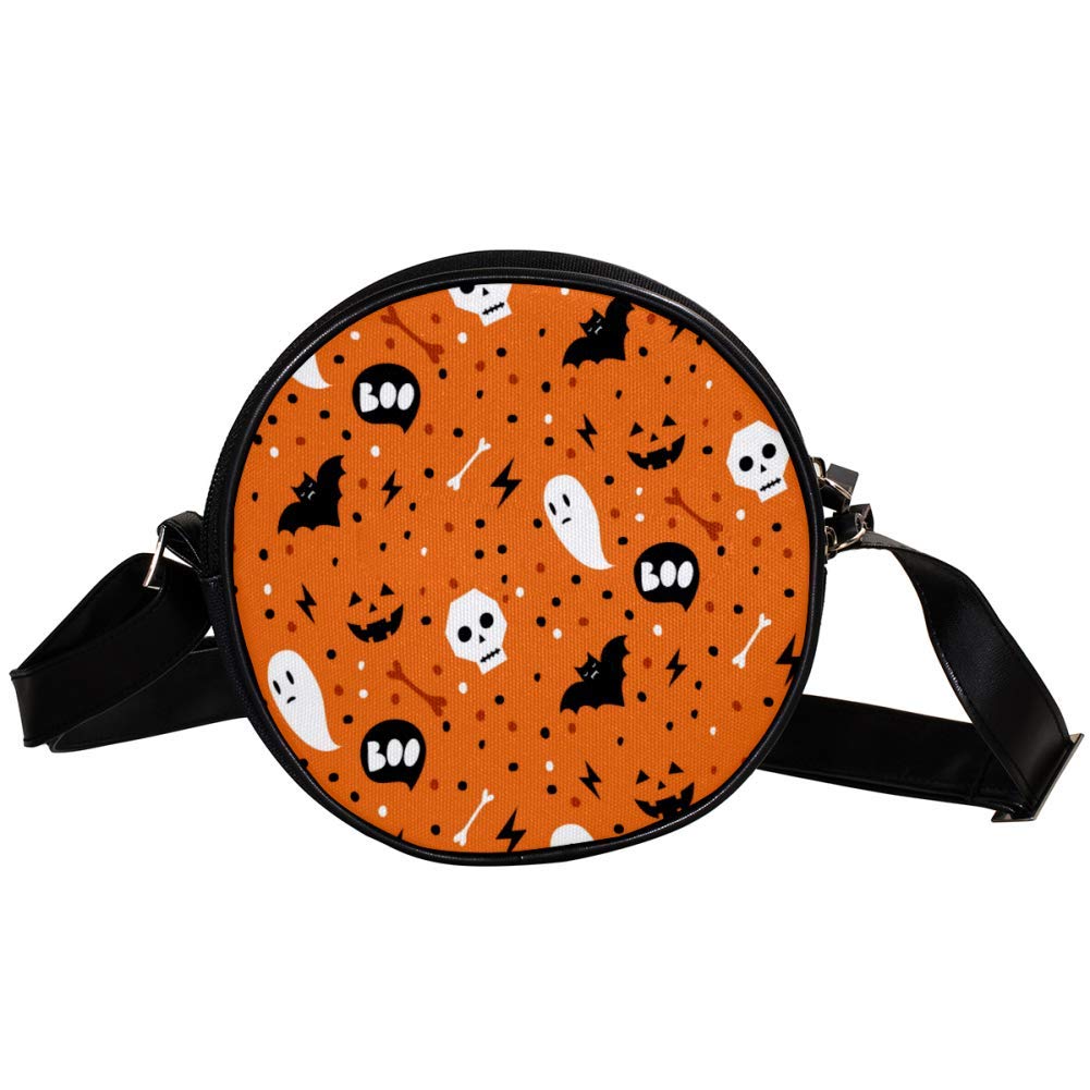Spooky Cartoon Ghost Bat Skull Women's Round Crossbody Zipper Shoulder Bag - Gothic Circle Purse Handbag for Halloween, Cosplay & Alternative Fashion Outfits