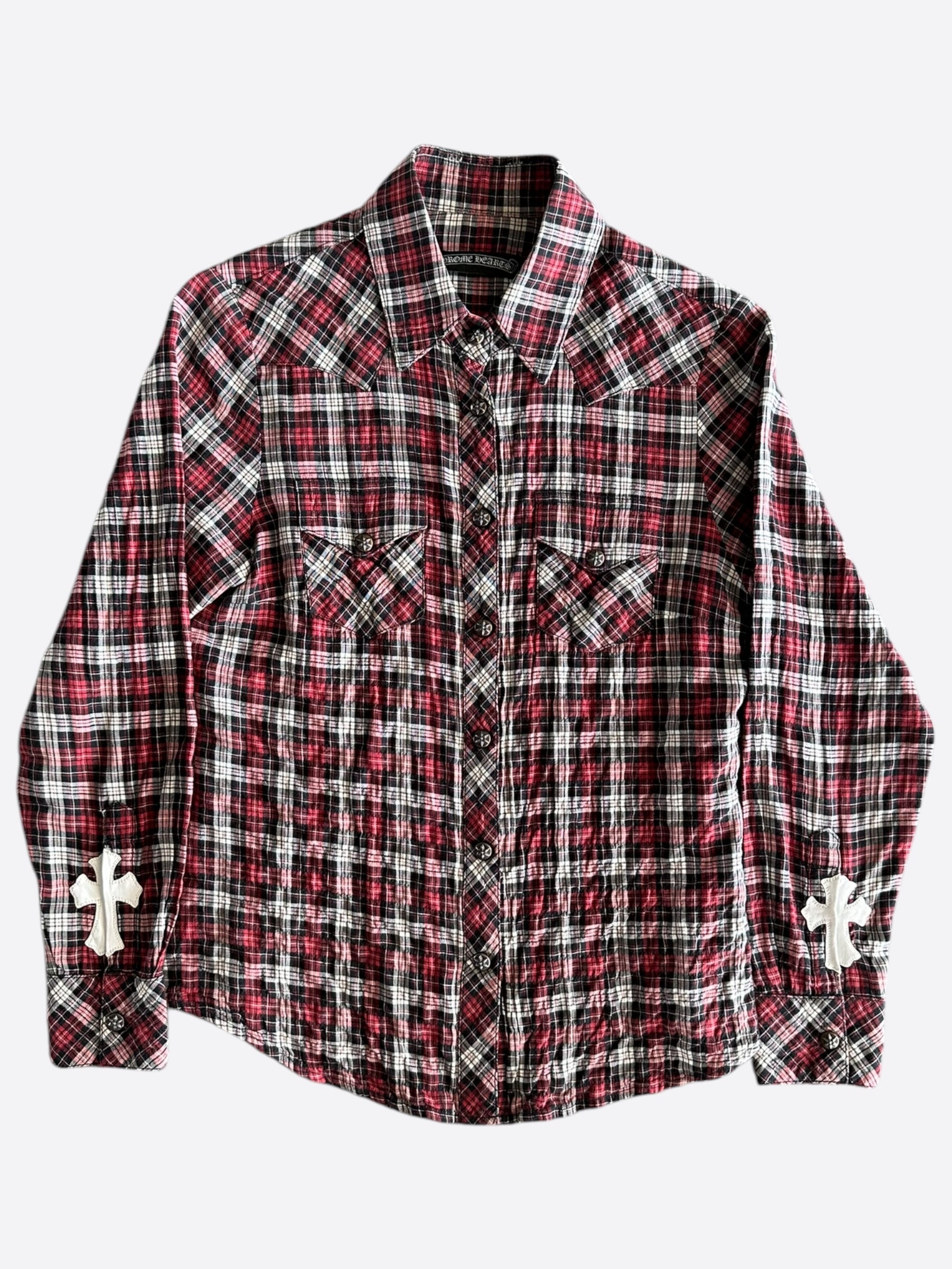 Chrome Hearts Red & White Cross Patch Flannel Shirt - Stylish & Comfortable for Casual Wear & Street Fashion