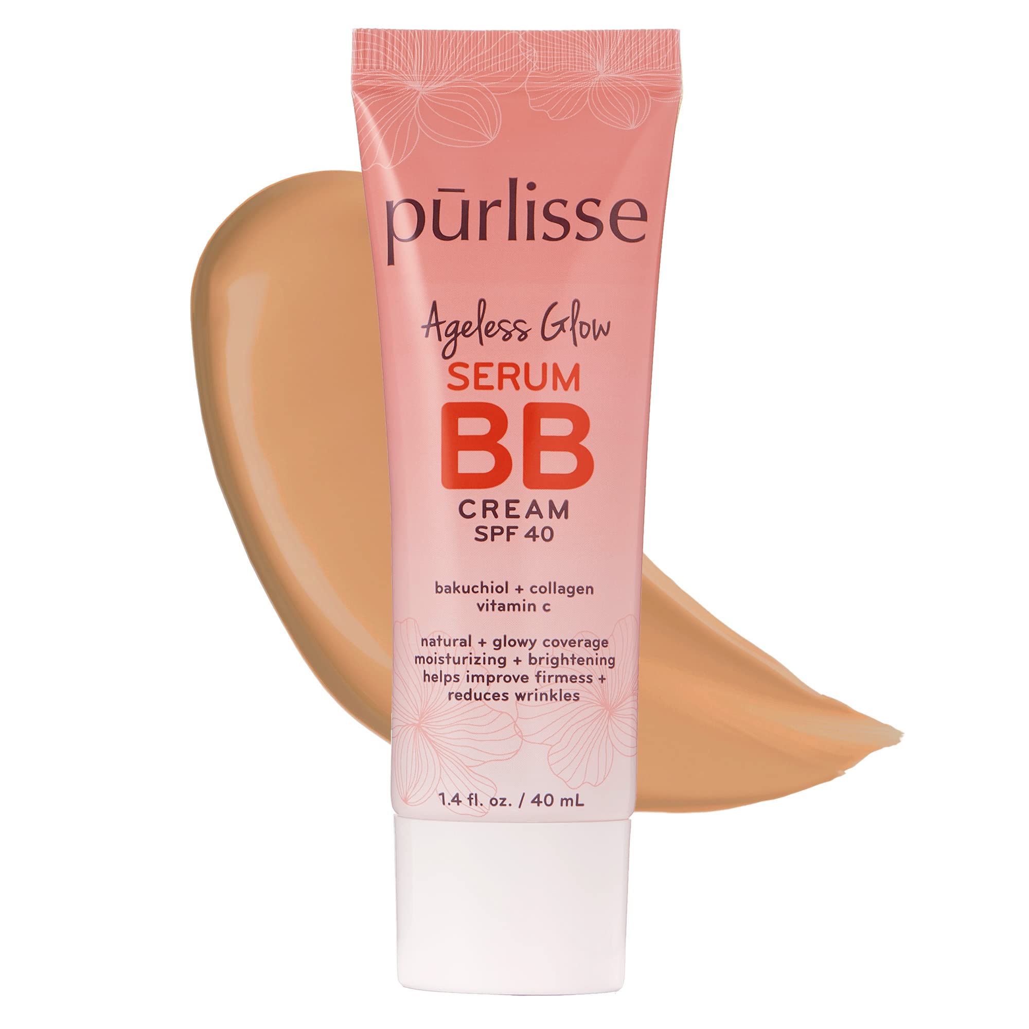 Pūrlisse Ageless Glow Serum BB Cream SPF 40 - Anti-Aging BB Cream with Bakuchiol & Vitamin C for Firming, Wrinkle Reduction & Dewy Skin - Medium Warm (1.4 oz) - Perfect for Daily Sun Protection & Natural Makeup Look