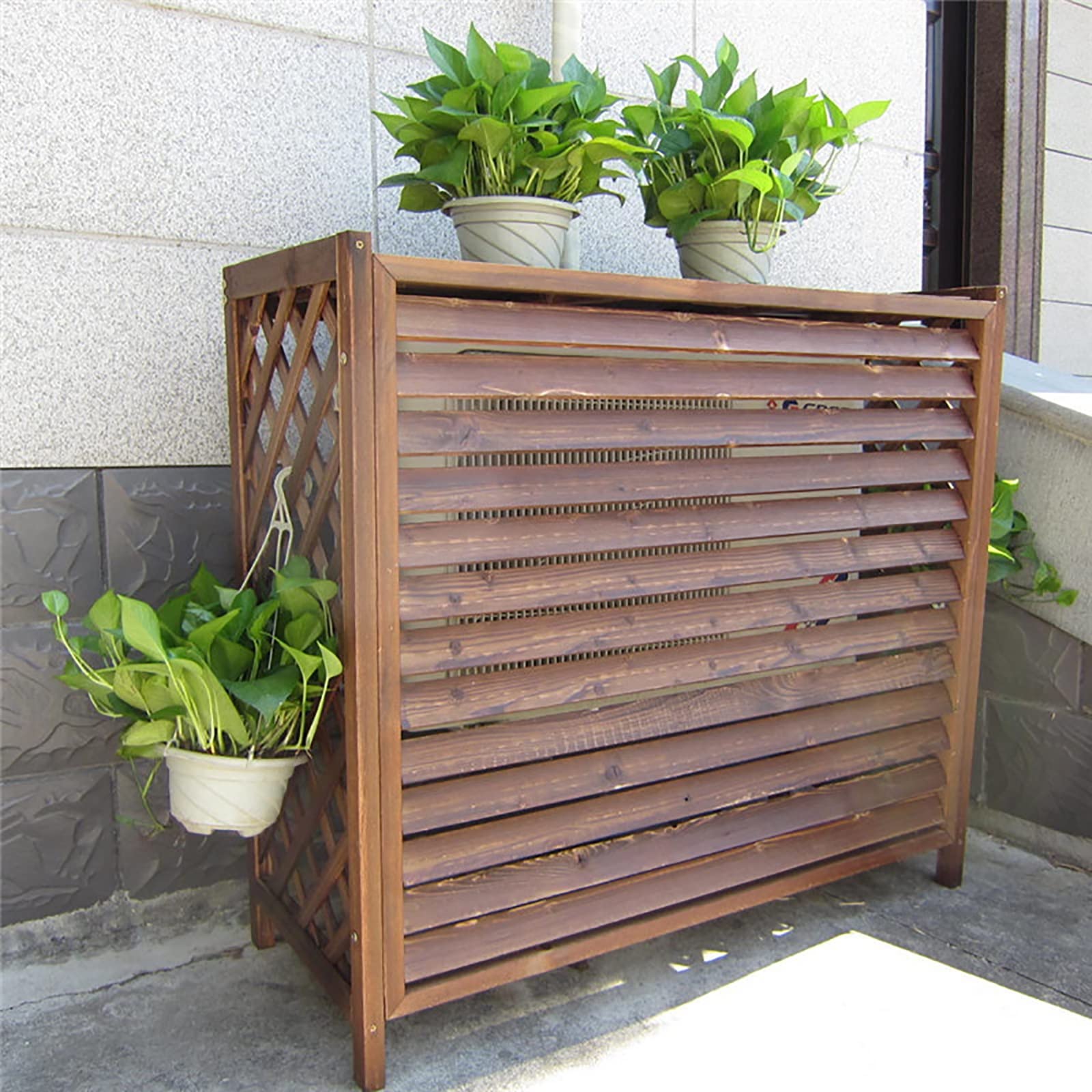 Heavy Duty Wooden Flower Pot Holder Display Rack - Outdoor Garden Indoor Plant Stand with Hidden Air Conditioner Cover for Outside Units - Perfect for Patio, Balcony, and Yard Decoration