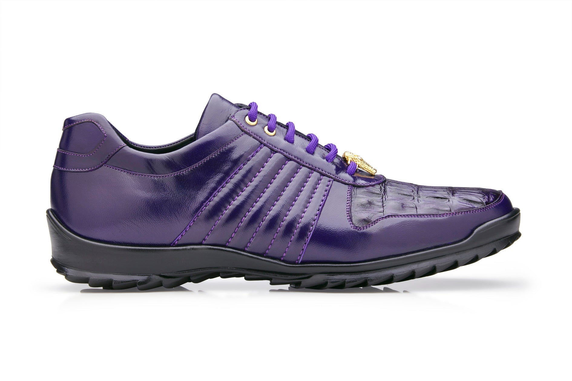 Belvedere Astor Genuine Hornback Caiman Crocodile Leather & Soft Calfskin Sneakers - Men's Luxury Purple Casual Shoes for Business & Evening Wear