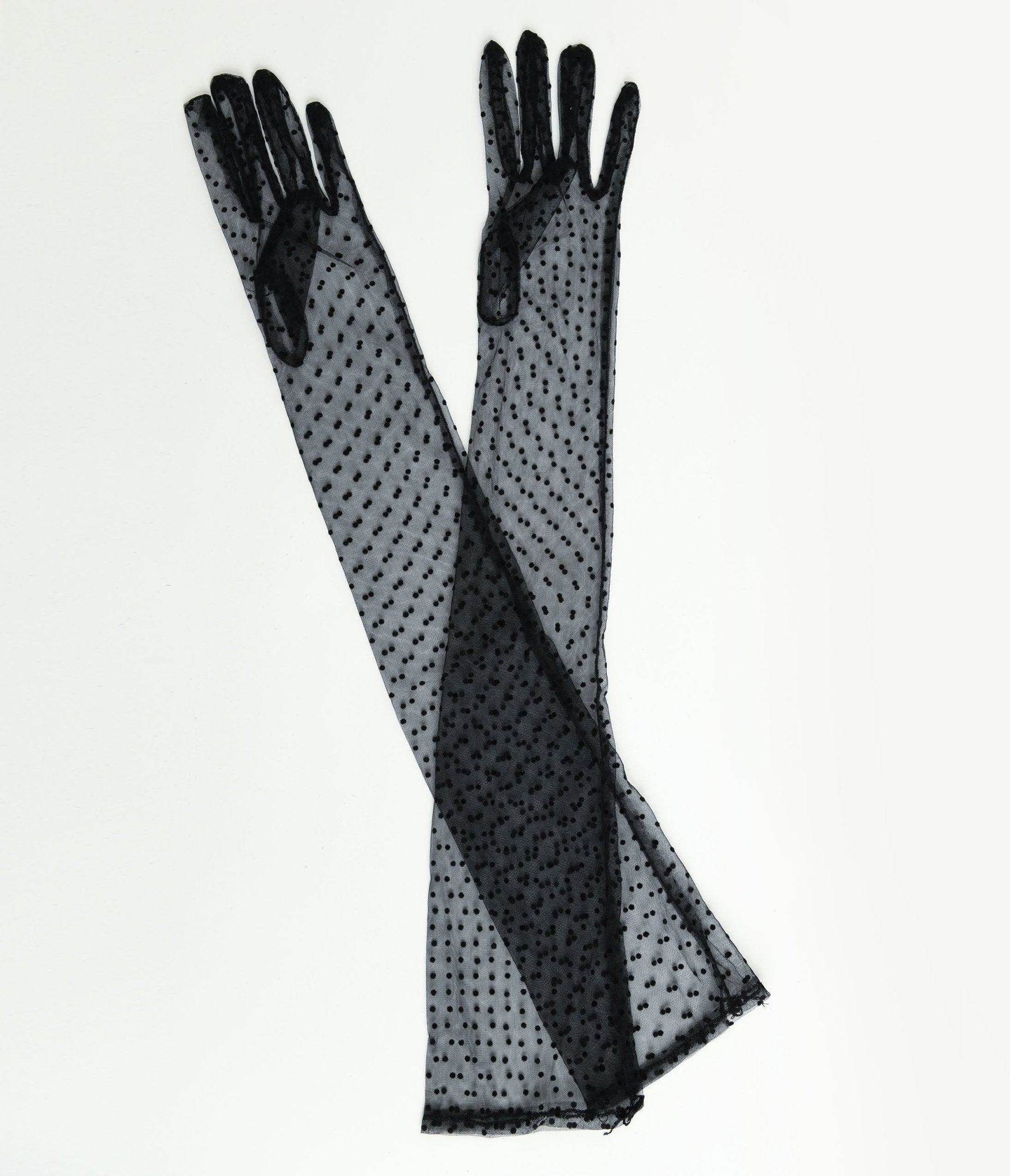 Vintage 1920s Black Polka Dot Mesh Gloves - Elbow Length Lace Gloves for Women - Perfect for Flapper Costumes, Gatsby Parties, and Vintage Fashion